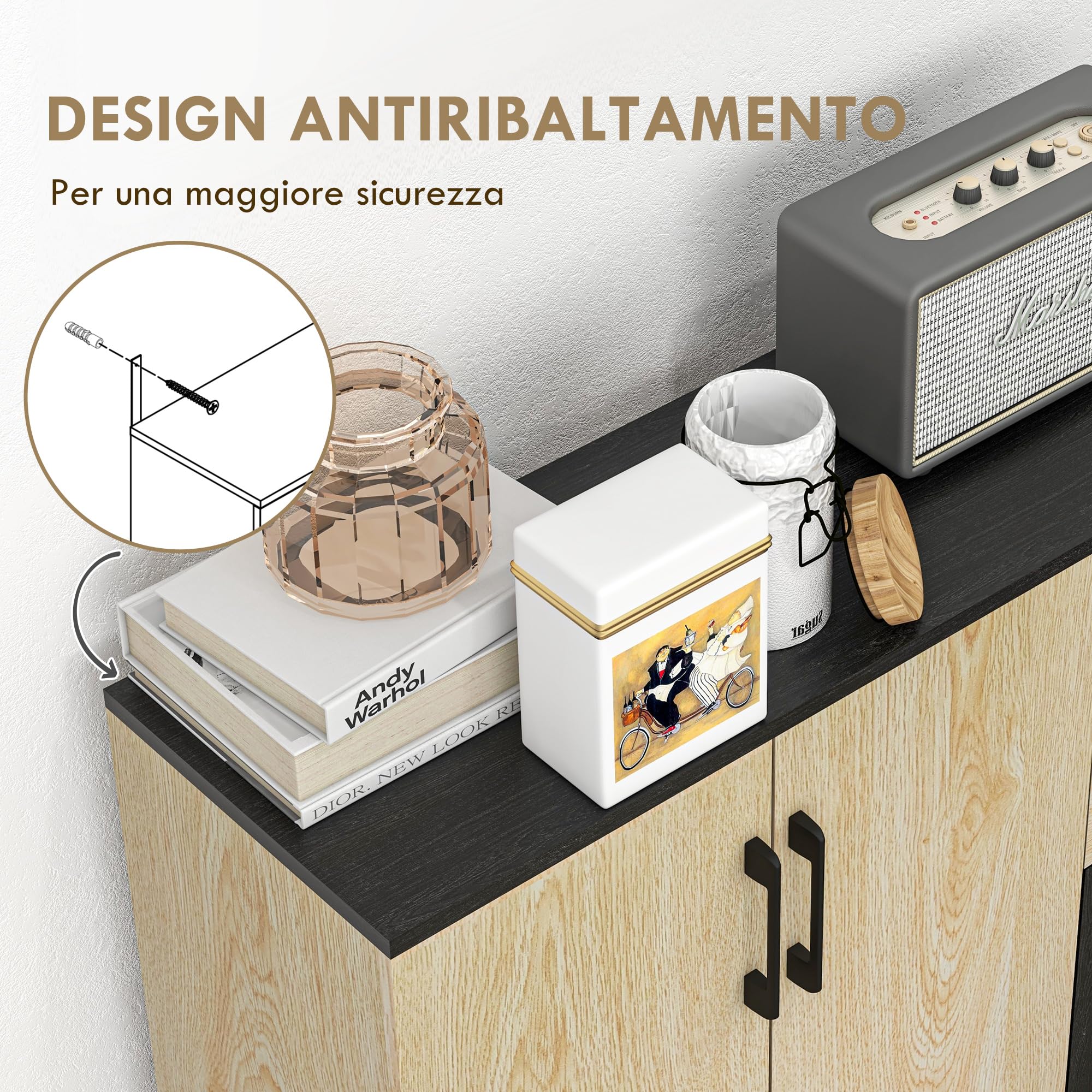 HOMCOM Credenza Moderna da Cucina e Soggiorno, Mobile Credenza da Cucina con Mensola Regolabile, 2 Armadietti e 2 Cassetti, Design Moderno, 90x30x75.5cm, Noce e Nero