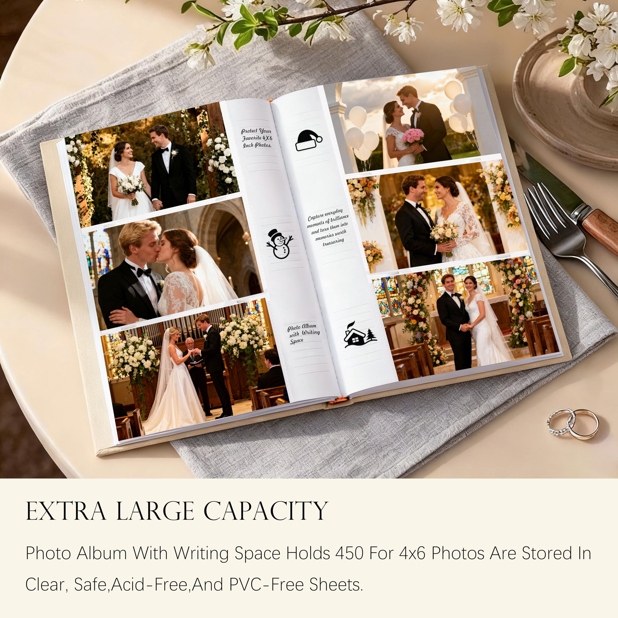 Album photo de mariage avec 450 pochettes pour photos horizontales – Album photo en lin pour souvenirs de mariage personnalisés, 10 x 15 cm (beige)