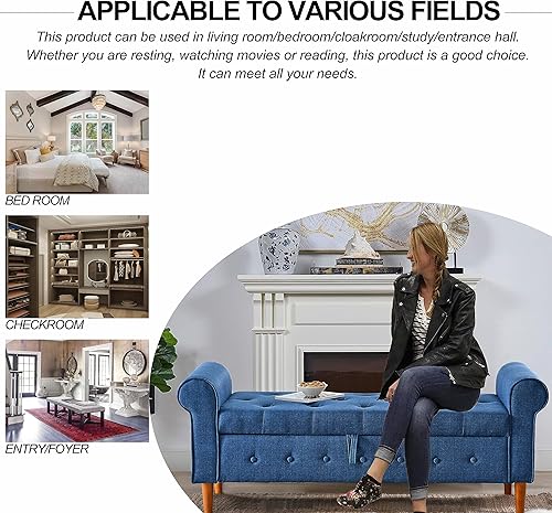 Miniatura 7 de HMFULE Banco de almacenamiento de diseño americano de 62 pulgadas, banco otomano tapizado para el extremo de la cama, para dormitorio, sala de estar