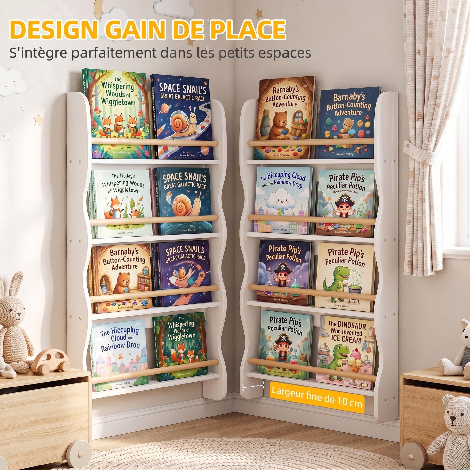 AIYAPLAY Bibliothèque Murale pour Enfant,Rangement Livre 4 Niveaux, Blanc