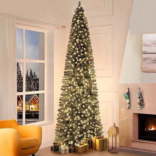 Naomi Home Vienna 9ft Prelit Slim Artificial Christmas Tree with 1455 Branch Tips, 500 Warm Lights and Metal Stand, 37" Wide Realistic Skinny Pencil Christmas Tree with Lights