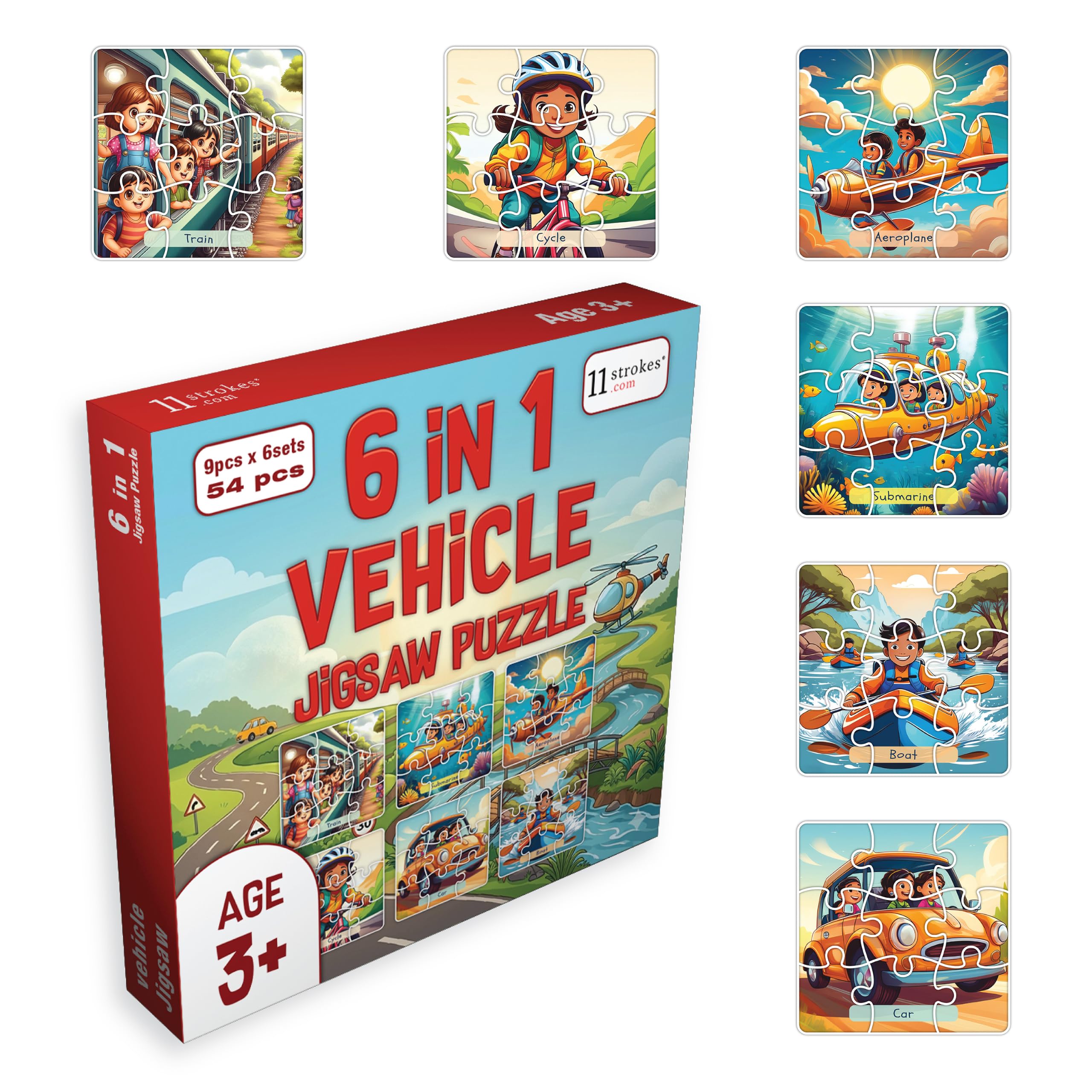 11 strokes 6 in 1 vehicles jigsaw puzzle for kids age 3+ | 54 pieces | car bus train aeroplane ship truck | premium mdf | educational toy for toddlers