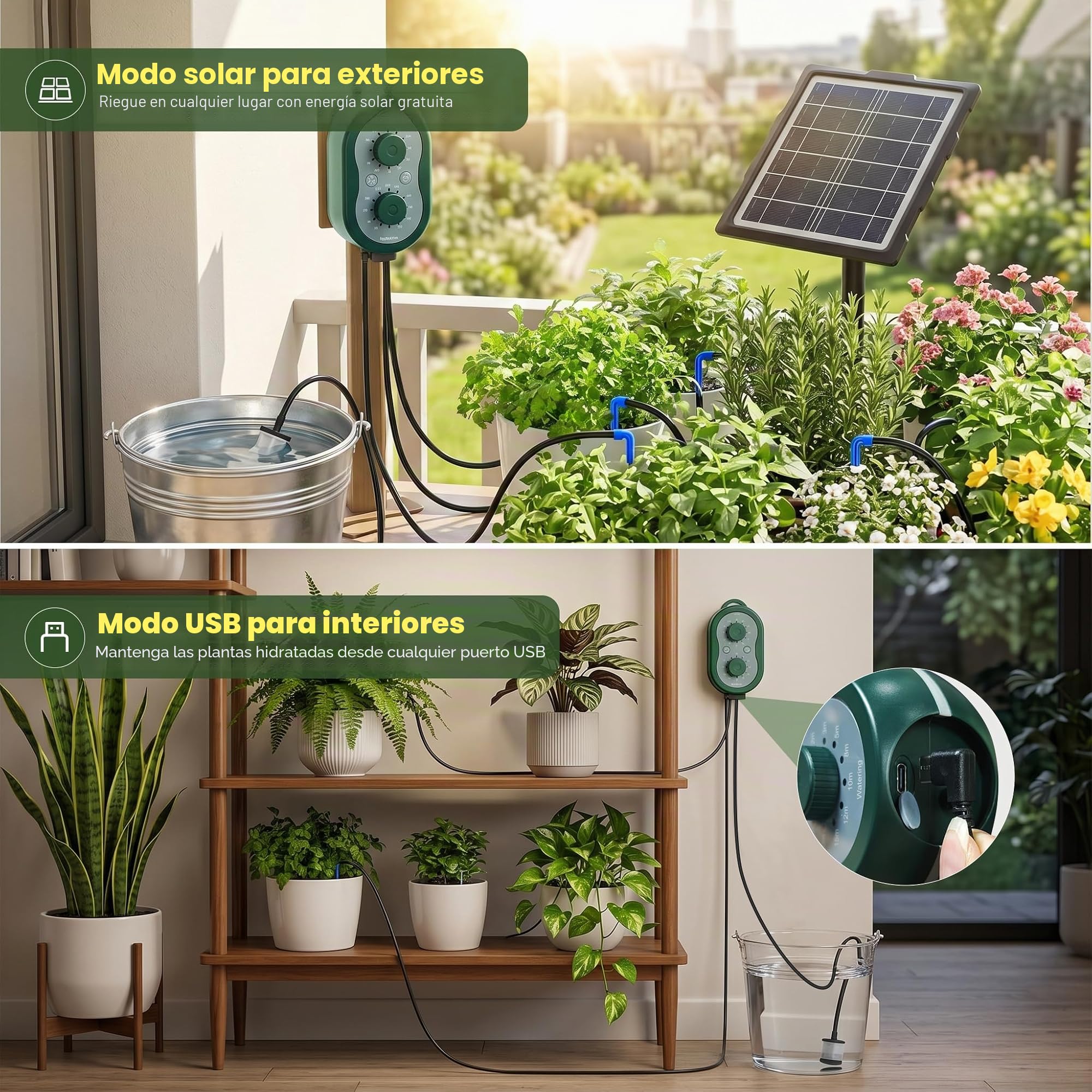 Sistema de riego solar para macetas, sistema de riego automático con carga USB, equipado con una manguera de 15 m y modos de riego personalizados, ideal para jardines, balcones e invernaderos