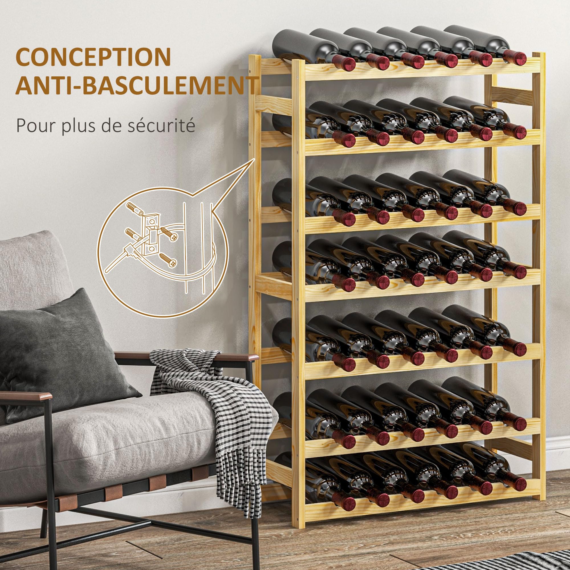 HOMCOM Casier Bouteilles vin pour 42 Bouteilles, Porte-Bouteille en Bois à 7 Niveaux, Range Bouteille étagère à vin pour Salon Bar, 63 x 25 x 102 cm, Naturel