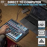 Vista 4 de Pyle - Mezclador de audio profesional, tablero de sonido, consola de mesa, sistema de interfaz de 8 canales, USB digital, Bluetooth, MP3, entrada