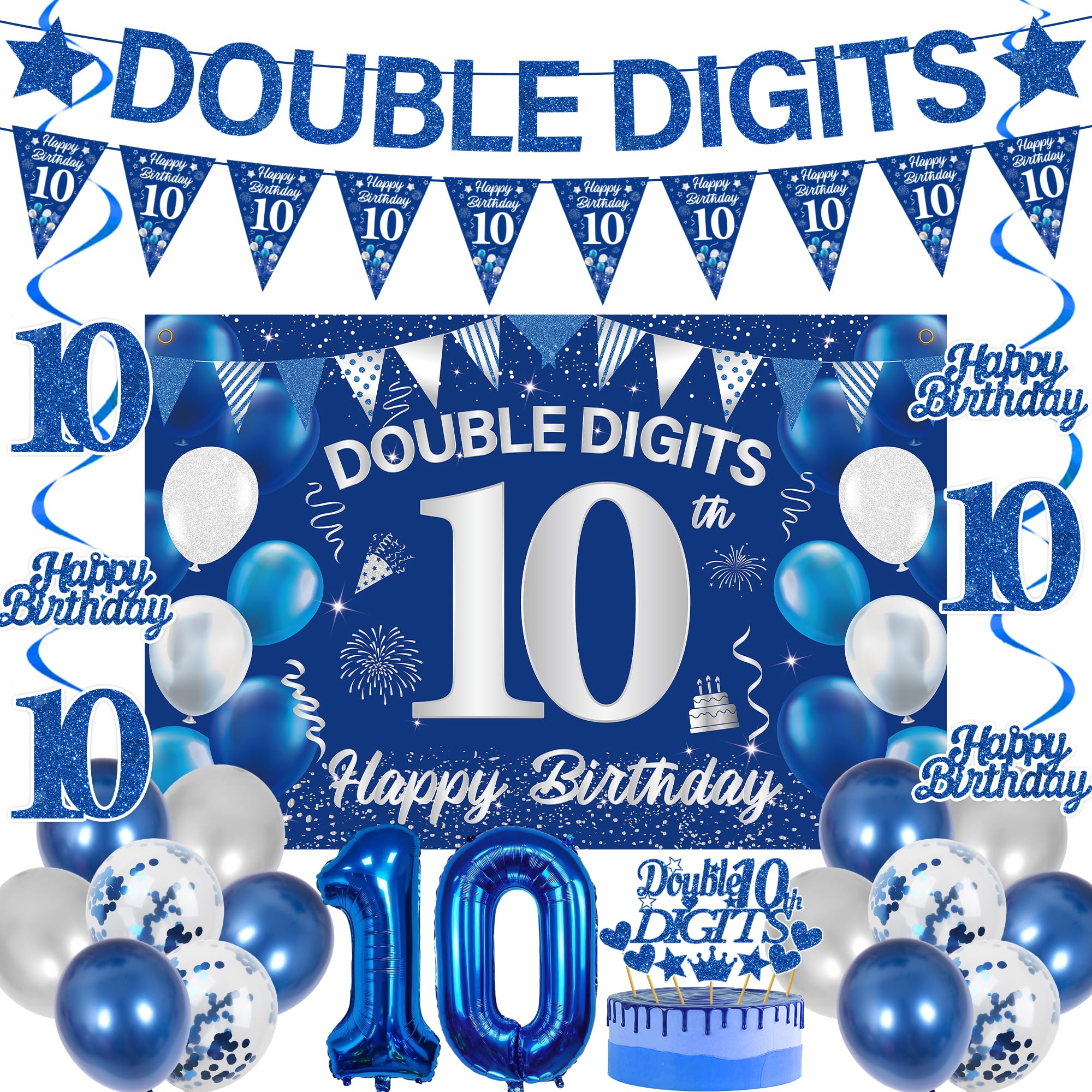 Double Digits 10th Birthday Decorations - 26 Pcs Blue Party Decor Boys Including DOUBLE DIGITS Banner, Number 10 Foil Balloon, Backdrop and Hanging Swirls for 10 Years Old Party Supplies