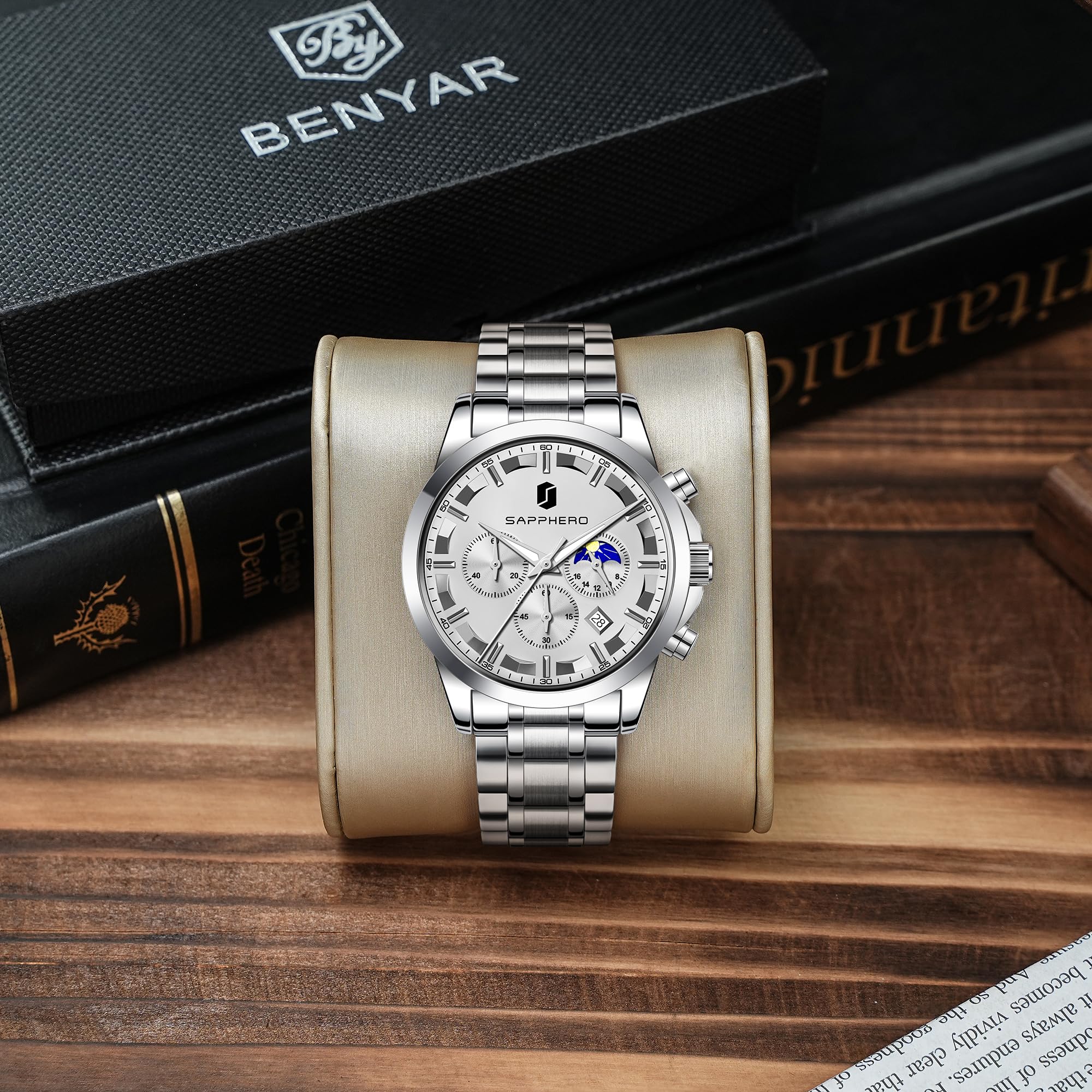 BY BENYAR Mens Watches Analog Quartz Chronograph Waterproof Wrist Watches for Men Fashion Business Work Casual Sport Designer Dress Watch with Calendar Elegant Gifts for Men