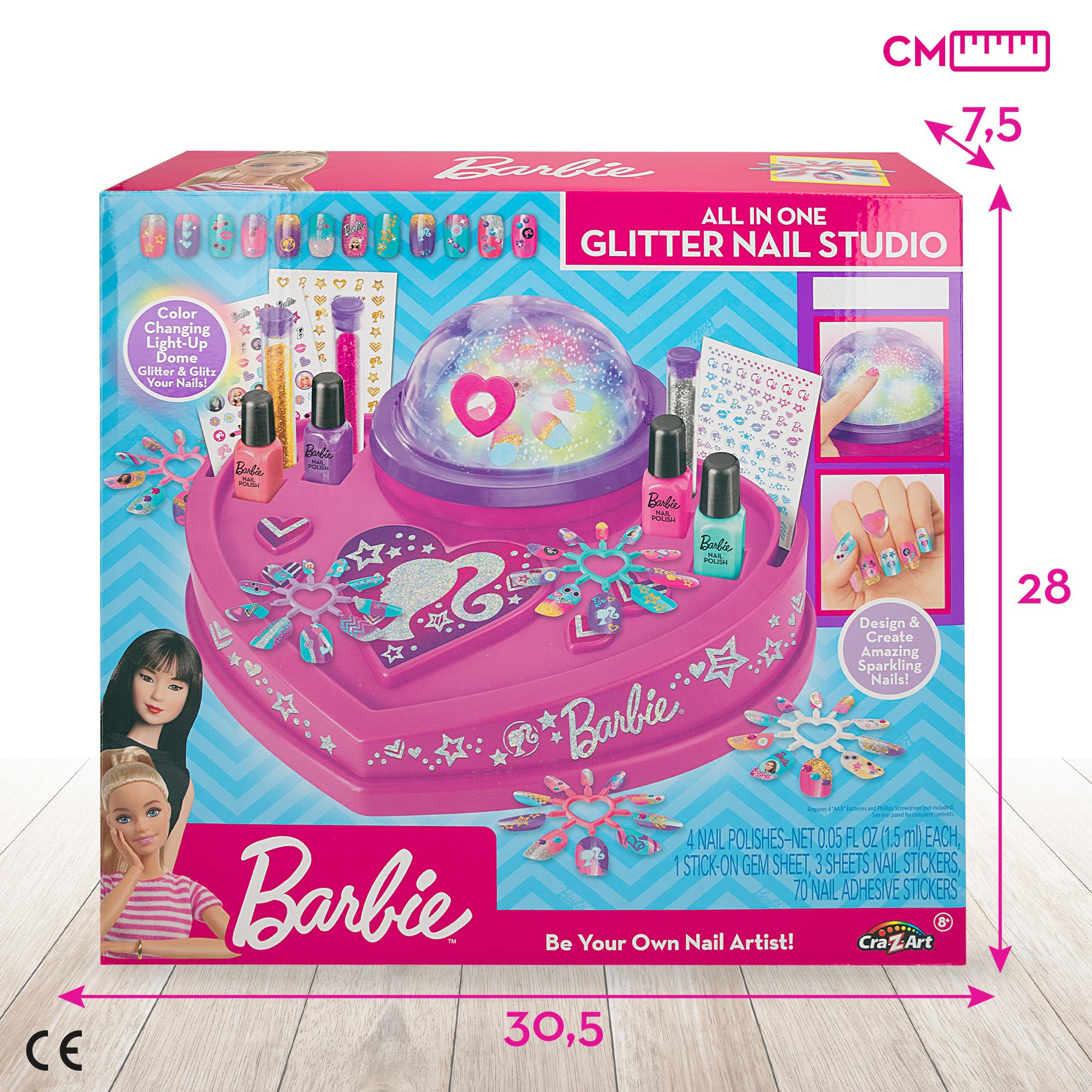 Colorbaby Barbie - Juego manicura niñas con Pegatinas, brillantitos, uñas postizas, Purpurina, esmaltes y Utensilios, con cúpula de Purpurina, Set pintauñas, para niña de 8 años, 48427