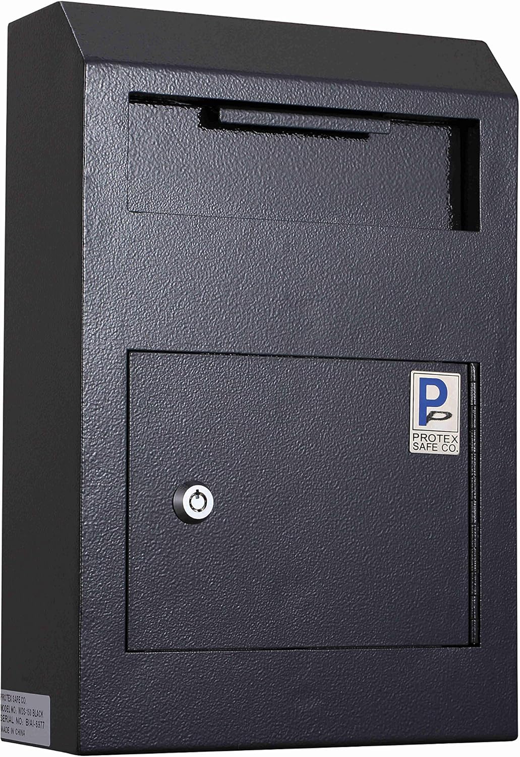 Protex Wall-Mount Drop Box Safe (WDS-150), Piano hinge, secure suggestions, ballots, keys, mail, money, rent checks and more, Metal baffle to protect slot, Black