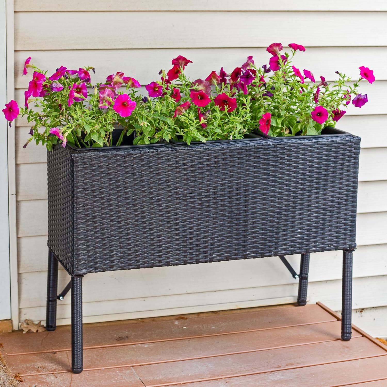 Sunnydaze 3-Section Wicker Raised Planter Box - 3 Removable Plastic Inserts - Above Ground Raised Garden Bed with Legs - 30.75" W x 11.75" D x 22" H