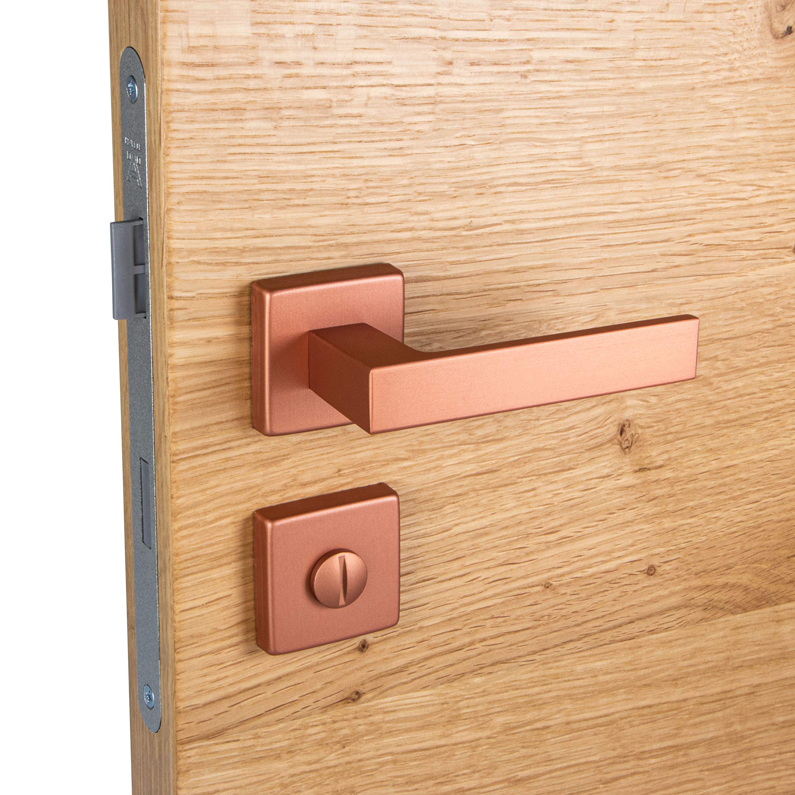 Juva Manillas Puerta Cerrojo Baño - Manilla de Puerta en Aluminio PUSH - Puerta Garaje, WC, Cocina, Interior y Exterior - Placa con Cerrojo Seguridad - Puerta 35 a 47 mm - Bronce