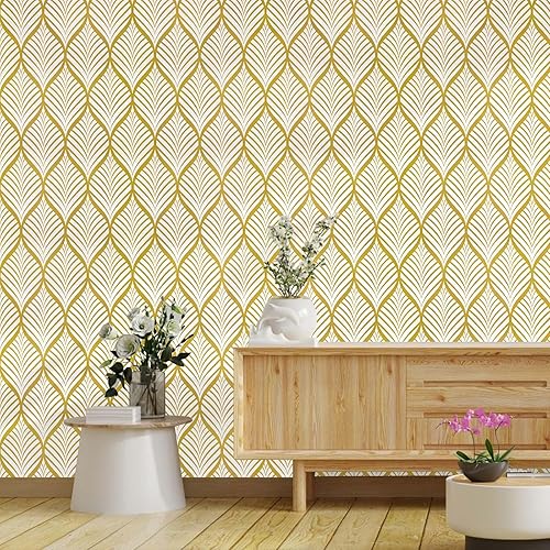 WENMER Papel tapiz dorado de 17.7 x 118 pulgadas, papel tapiz geométrico bohemio dorado y blanco, papel tapiz autoadhesivo extraíble para decoración