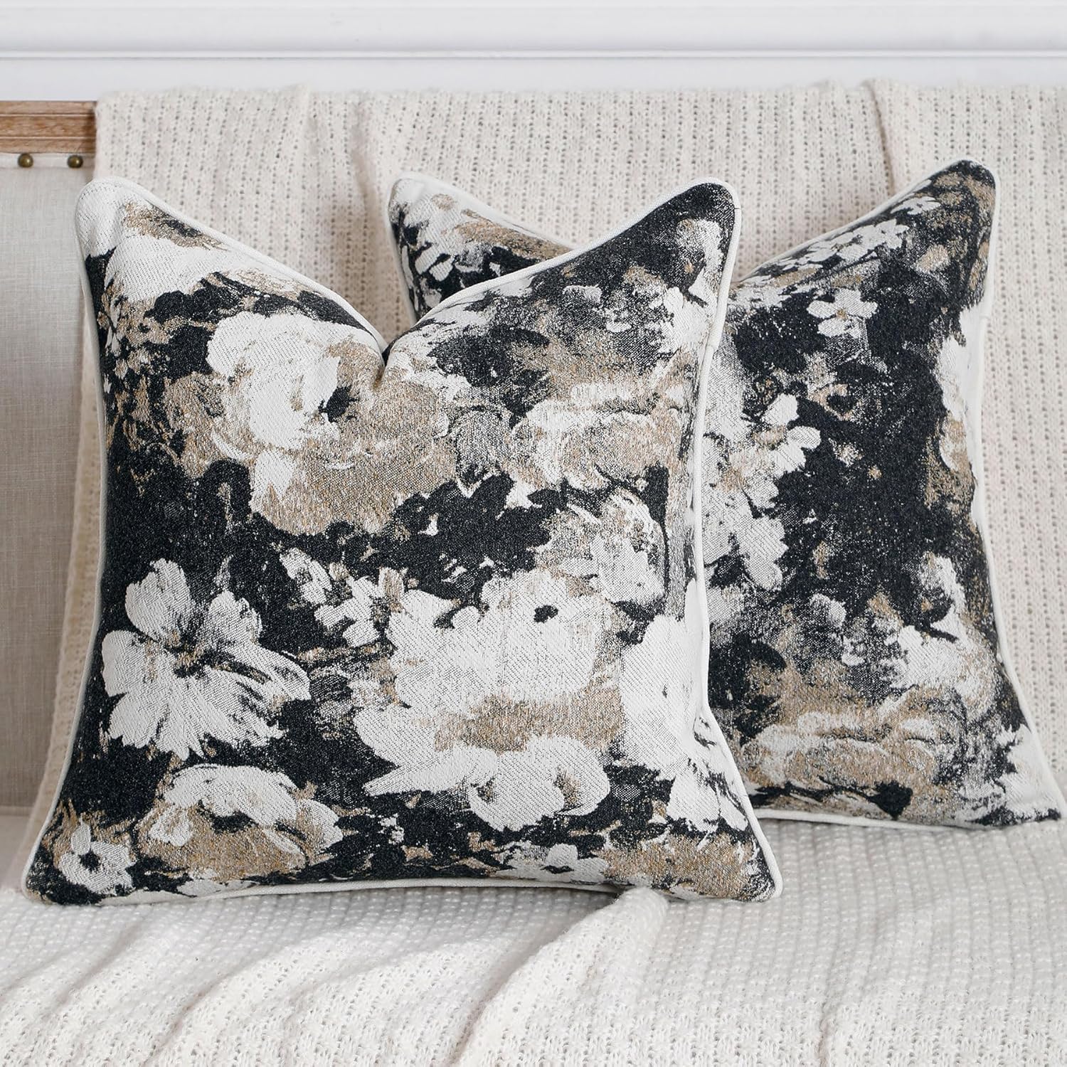 Vintage Floral Throw Pillow Covers 20x20 Set of 2 Neutral Boho Farmhouse Soft Chenille Jacquard Decorative Couch Pillow Covers for Sofa Couch Bed Living Room Home Décor Beige Black