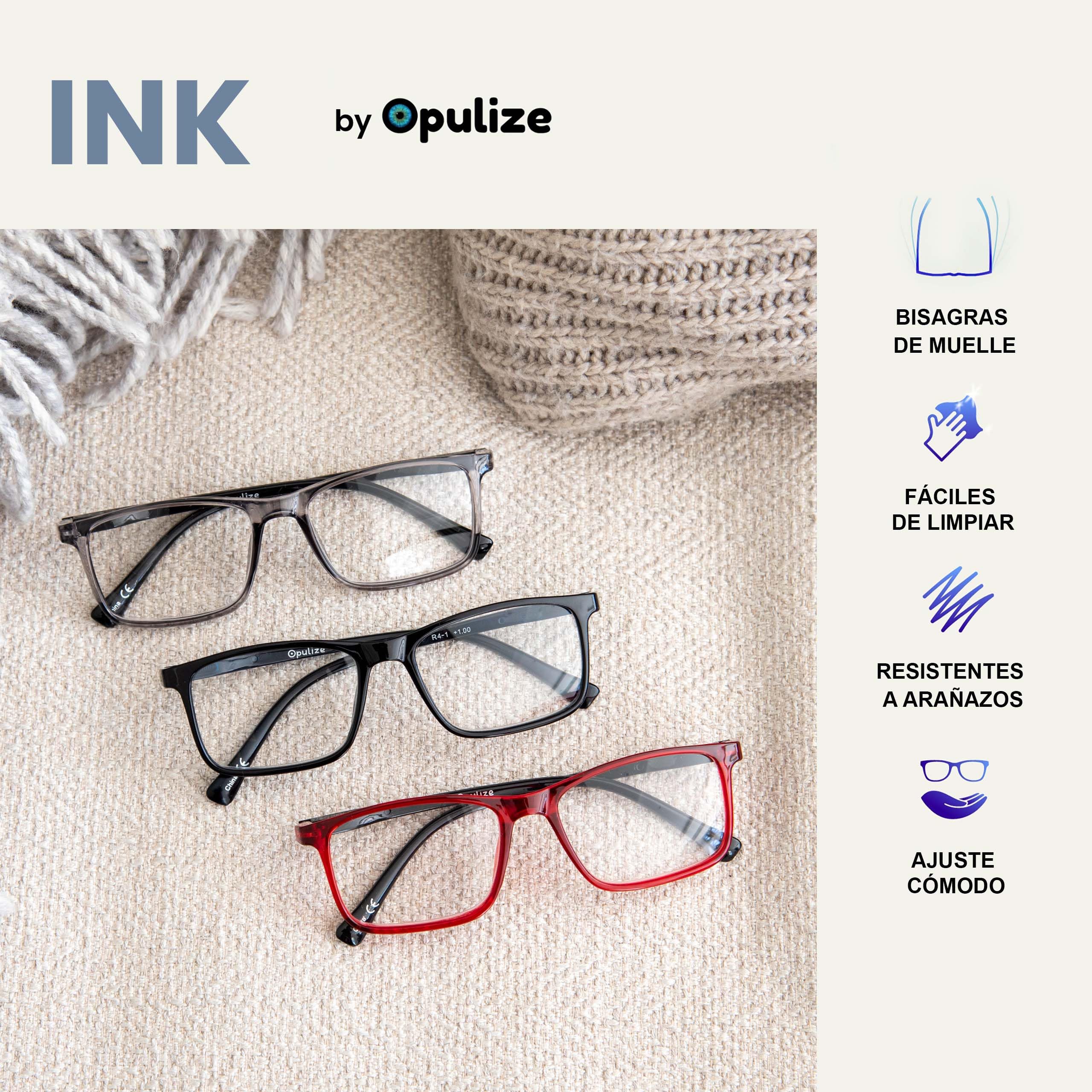 OPULIZE INK Gafas de Lectura - Pack de 3 - Montura Rectangular Grande - Negro Gris Rojo - Hombre Mujer - Bisagras de Muelle - RRR4-17Z - +1.50