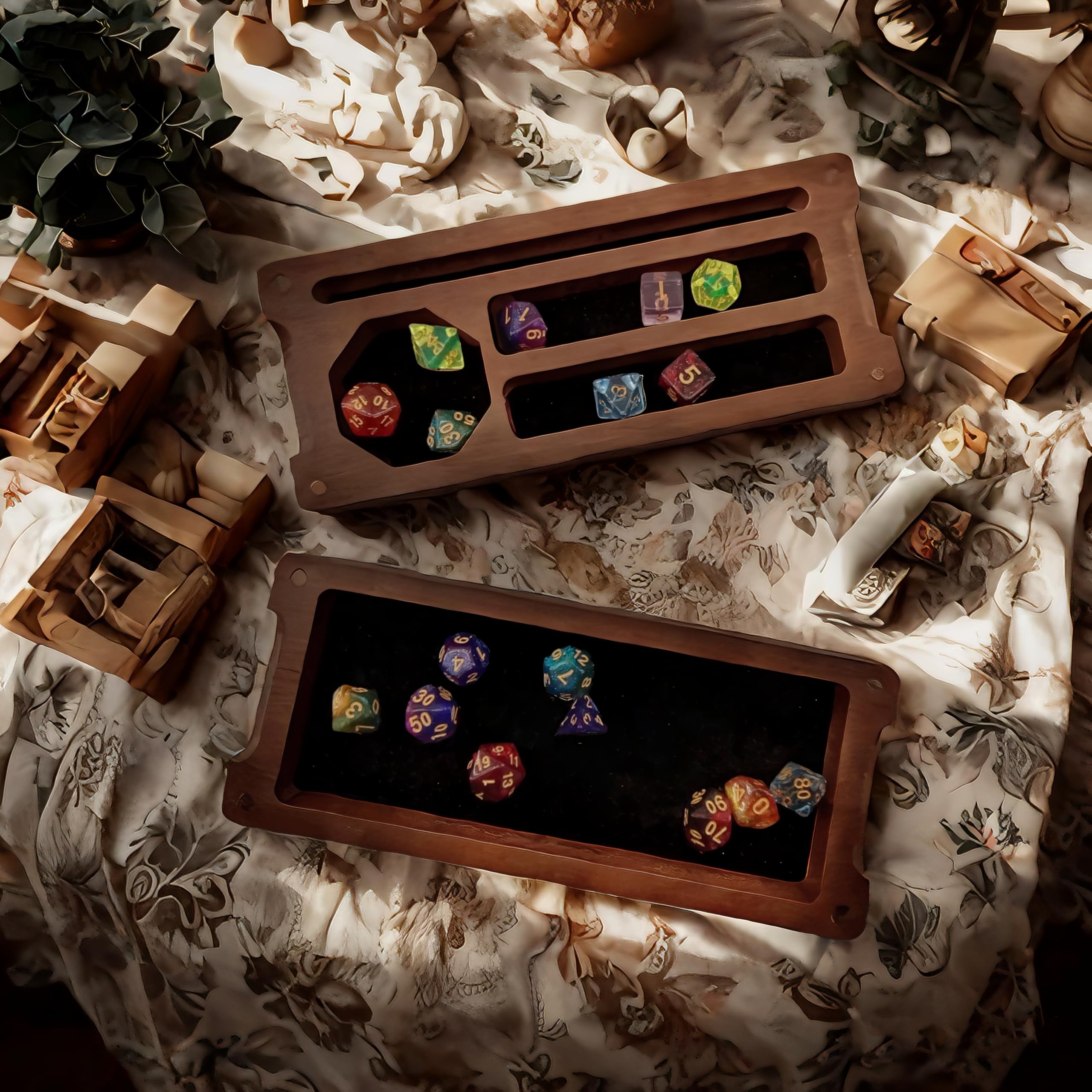 Boîte à dés DND en bois de 24,1 x 10,2 cm - Plateau à dés de voyage avec couvercle magnétique doublé en feutre - Accessoires Donjons et Dragons