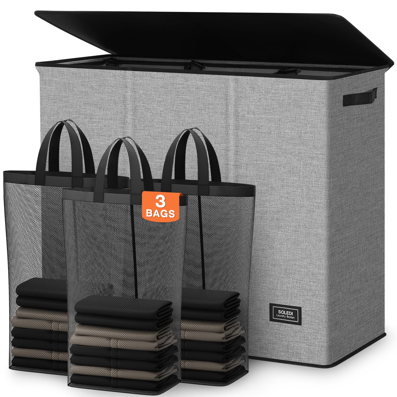 Large 3-Section Laundry Hamper - 180L Black -17