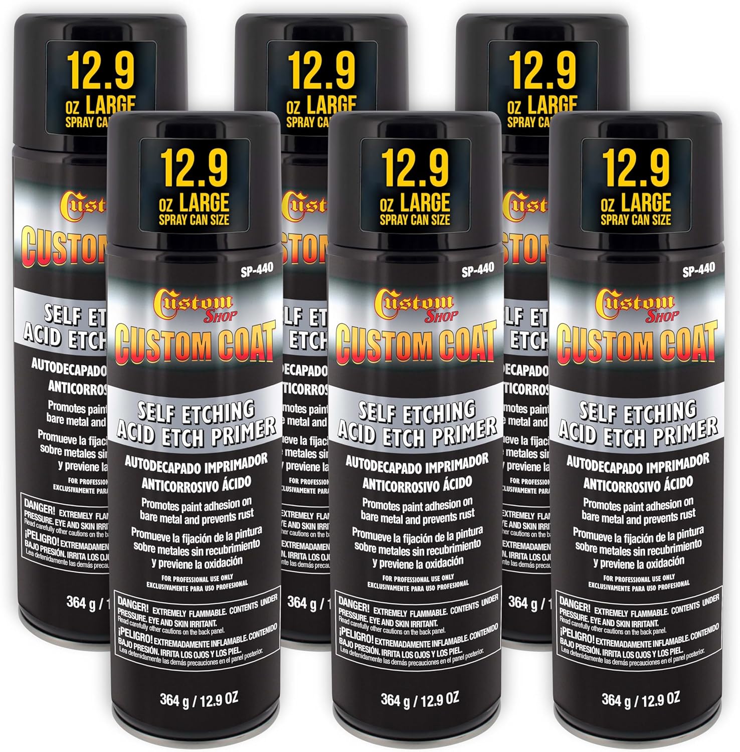 Custom Shop Self Etching Primer Spray (6 Pack) - 12.9oz Gray Acid Etch Primer for Metal, Aluminum & Stainless Steel - Fast Drying Automotive Etching Primers, Pre Truck Bed Liner Primers for Bare Metal