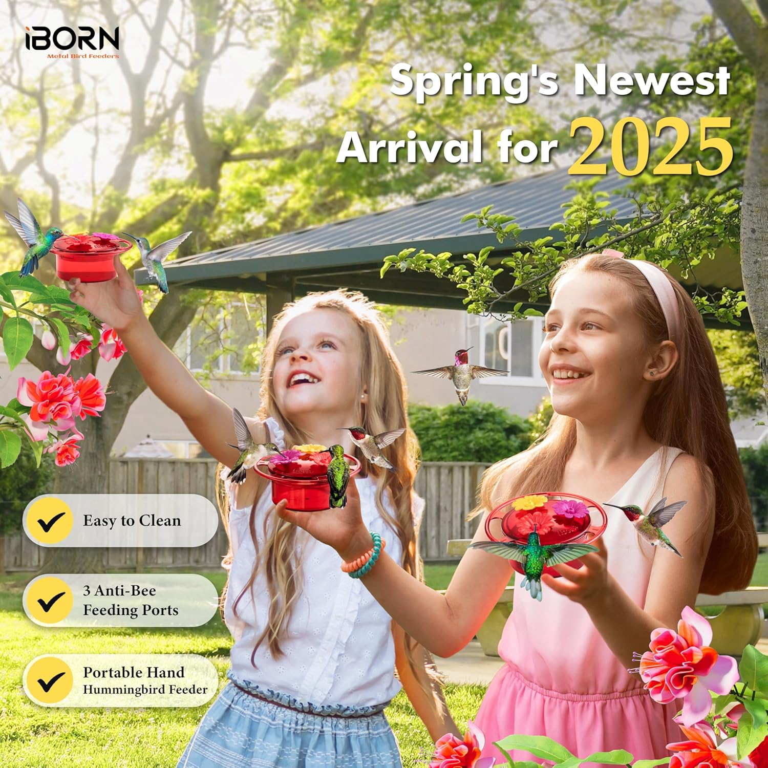 iBorn Handheld Hummingbird Feeders for Outdoors, Hummingbird Hand Feeder 3OZ Mini Bird Feeders for Outdoors,3 Bee Guard Feeding Ports, Silicone Flower, Red (Set of 1) - Image 3