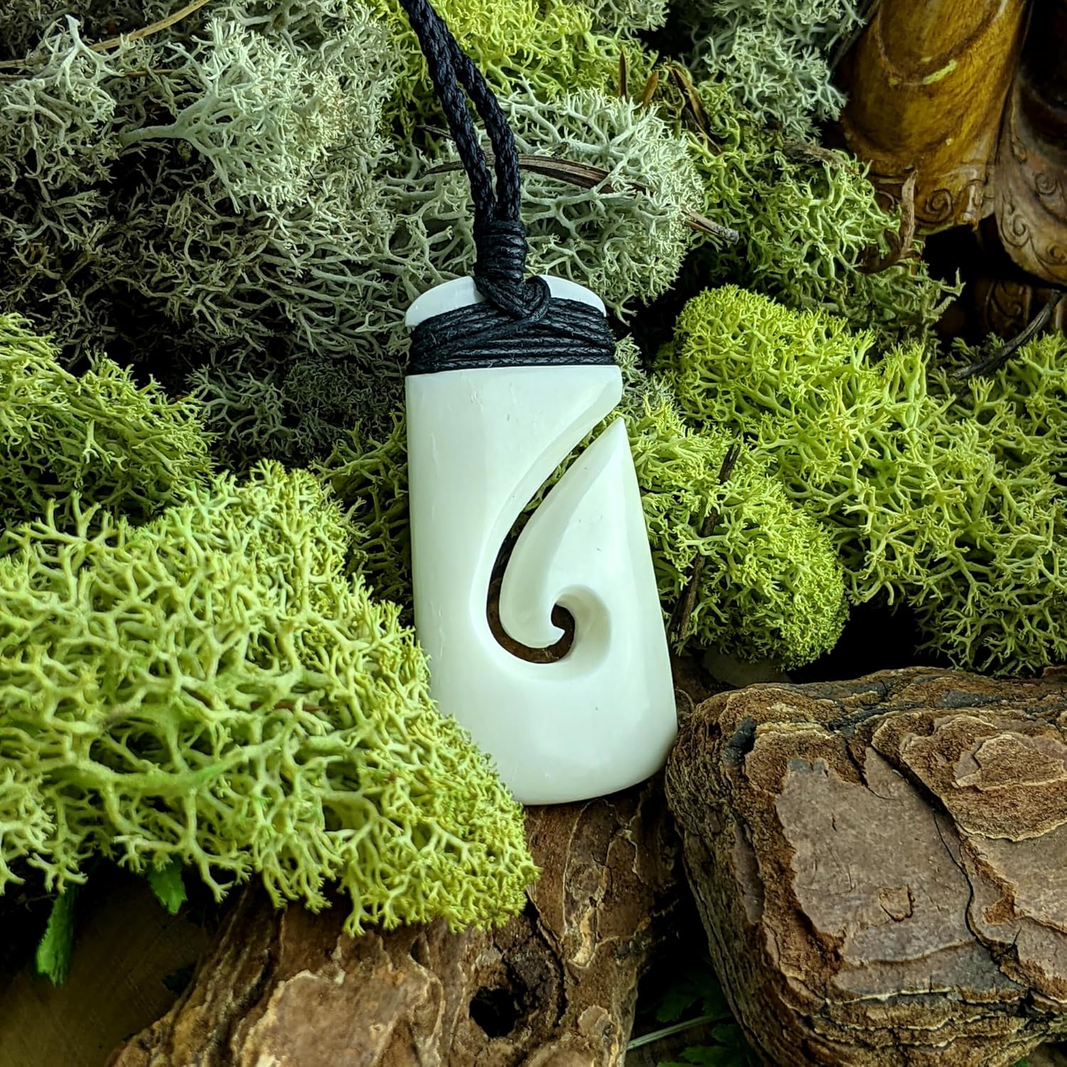 81stgeneration Hand-Carved Bone Rectangular HEI Matau Pendant - Maori-Style Toki with Koru Spiral Amulet - Men's Surfer Accessory - Handmade Tribal Fish-Hook Cord Necklace - Boho Jewelry for Women