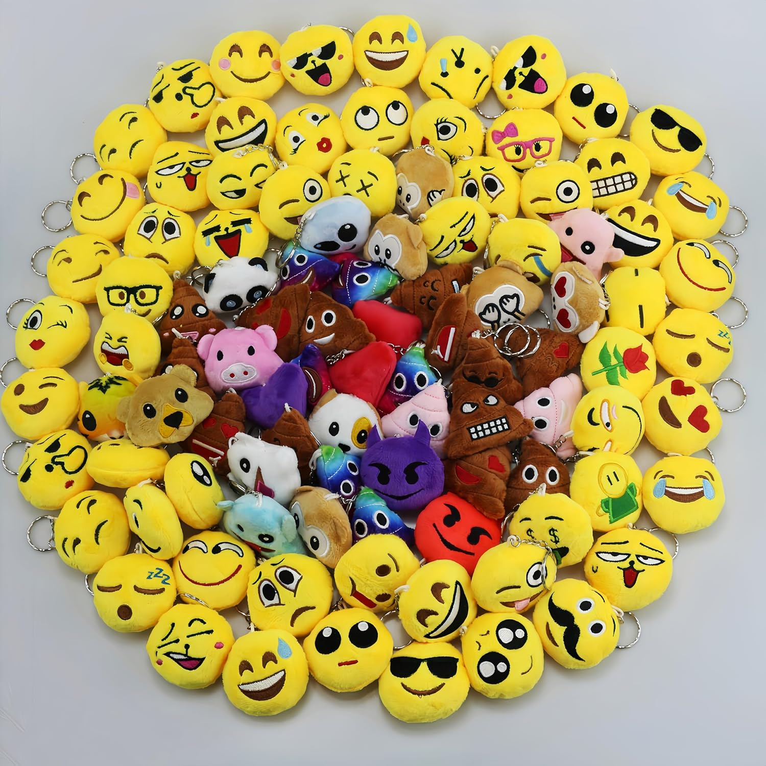Plush Keychain Set, 100Pieces, Assorted Emoticon Stuffed Toys,Backpack Plush Hangers - Great Party Favor or Gift Basket Item