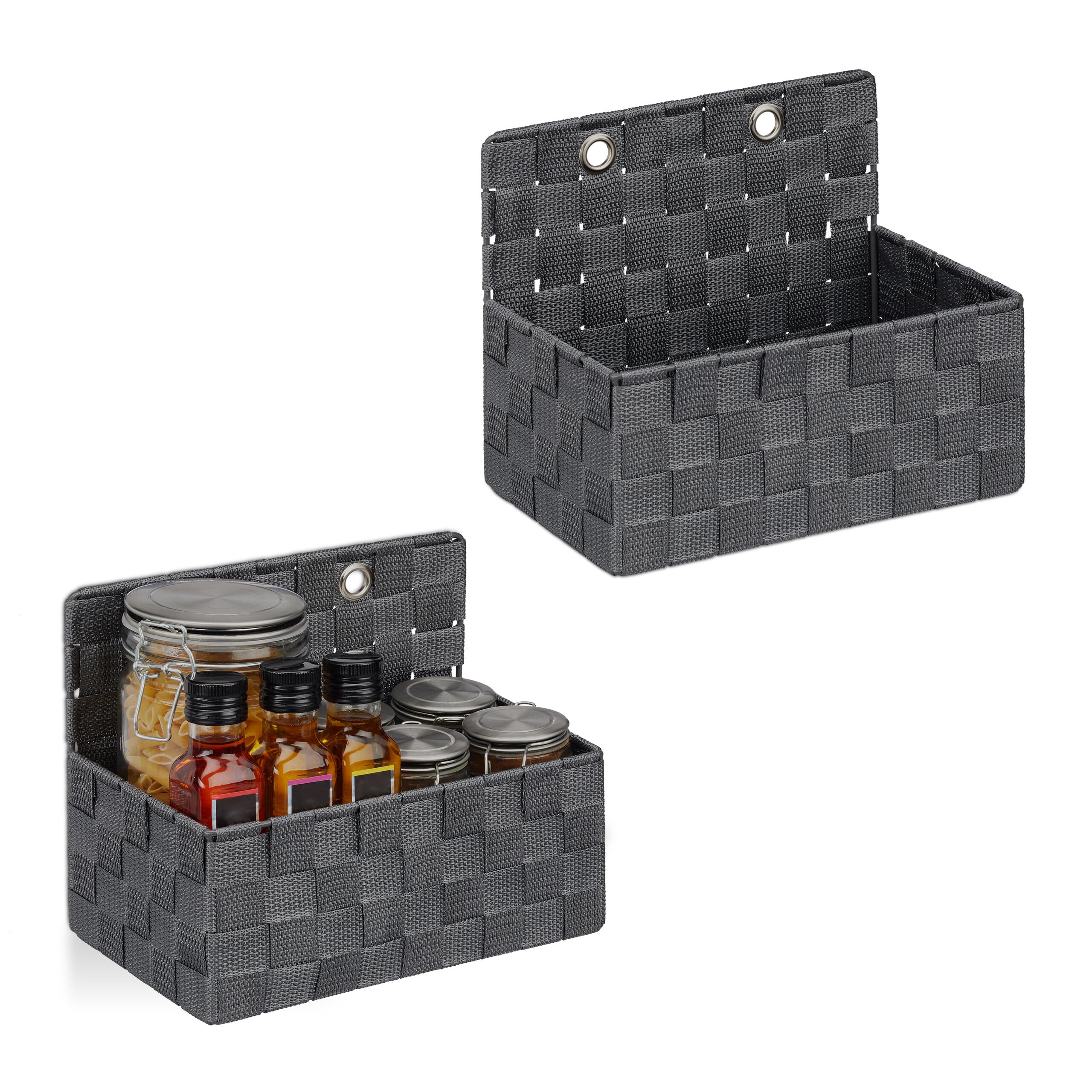 Relaxdays Hanging Storage Basket, Set of 2, Wicker Look, Bathroom or Hallway, Wall-Mounted Organiser, 20x25x6.5cm, Grey