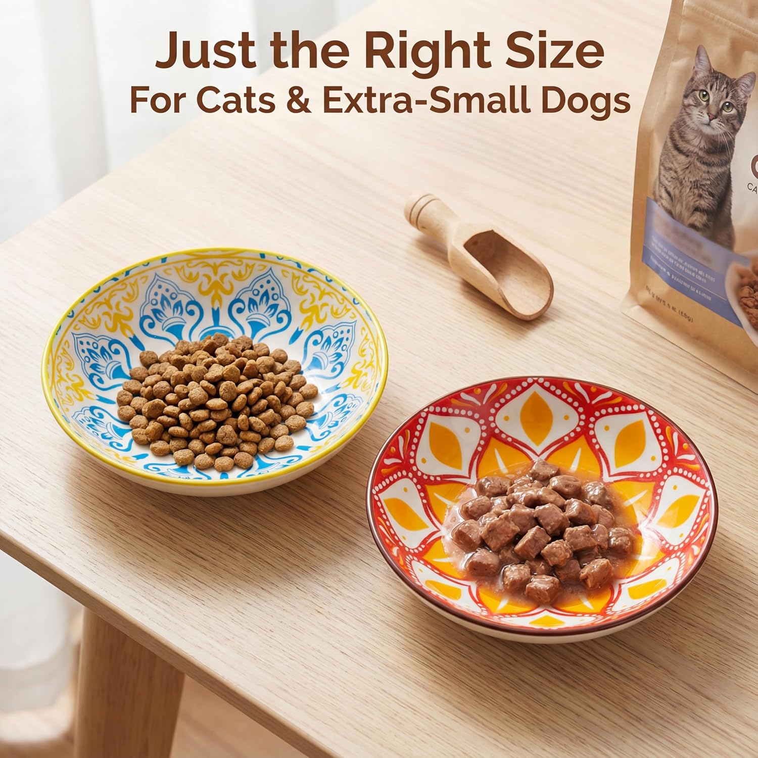 Ceramic Cat Food Bowls 6 Pack – Shallow Cat Bowl with Non-Slip Silicone Base, Whisker-Fatigue Dishes for Indoor Cats Puppy – Microwave Dishwasher Safe – 5.3 oz Cute Pet Plates for Wet Dry Food Water