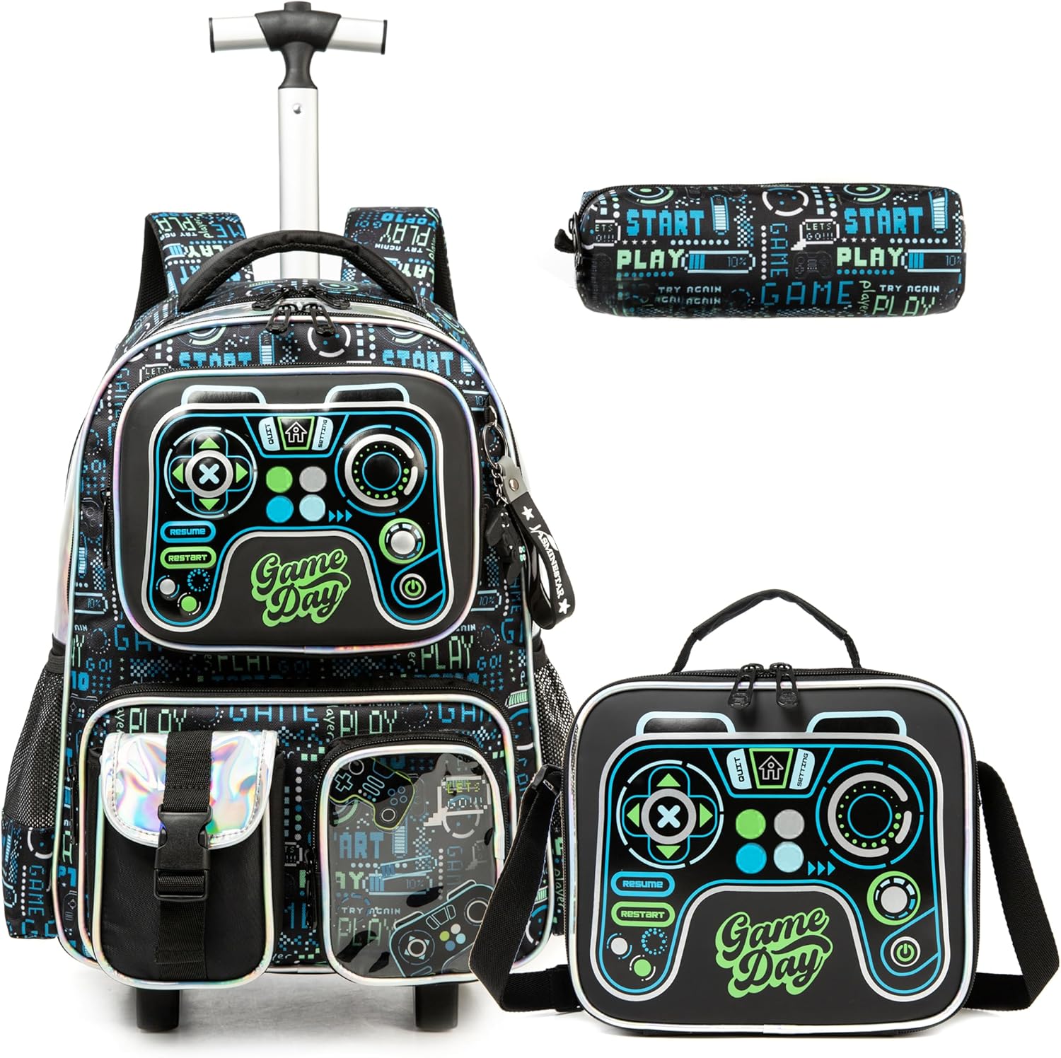 Egchescebo School Kids Rolling Backpack for Boys 17" Multiple Function Pockets