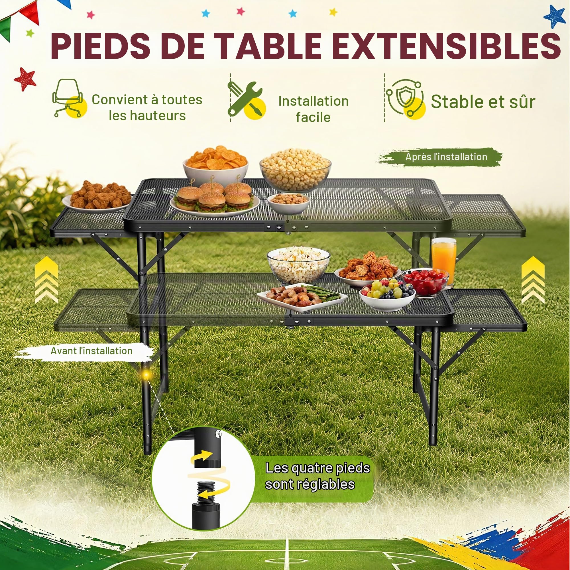 Tables de camping pliantes avec plateau en treillis métallique, étagère pliable et poignée, 2 hauteurs réglables, table d'appoint en métal, table de jardin jusqu'à 30 kg, table pliante