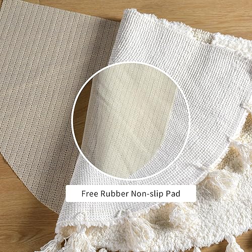 Miniatura 5 de Schweek Alfombra de baño bohemia de algodón de medio círculo con borlas, alfombra bohemia tejida a mano con alfombra antideslizante, alfombra de