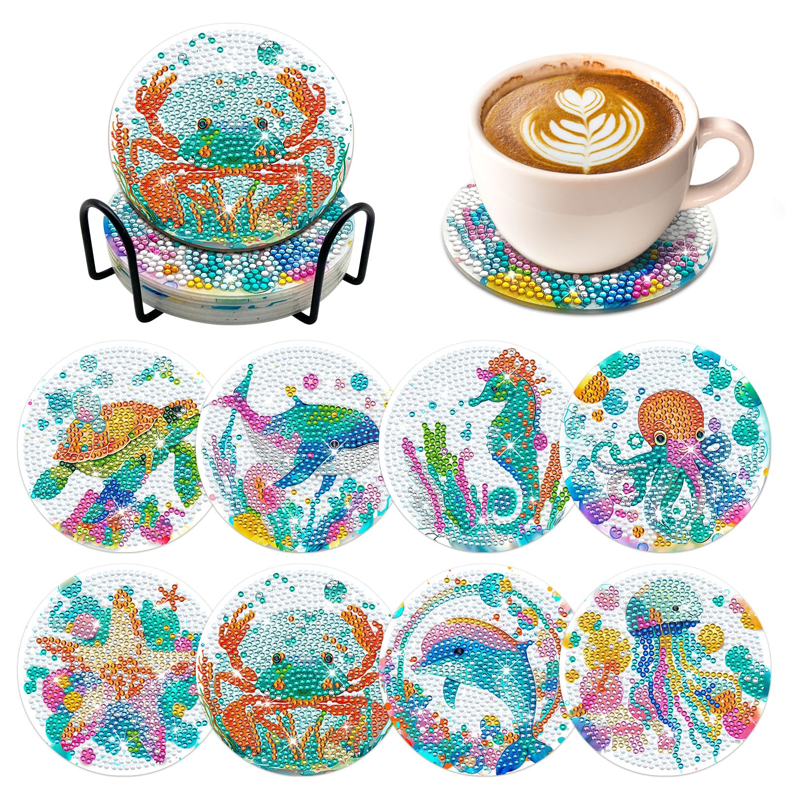 ZTOTZ 8pcs Ocean Series Diamond Art Coasters Kit, Sea Animals Diamond Painting Coasters with Cork Pad, DIY Coaster Gem Art Kits for Adults Craft for Gift Festival (Turtles, Octopuses,Dolphins)
