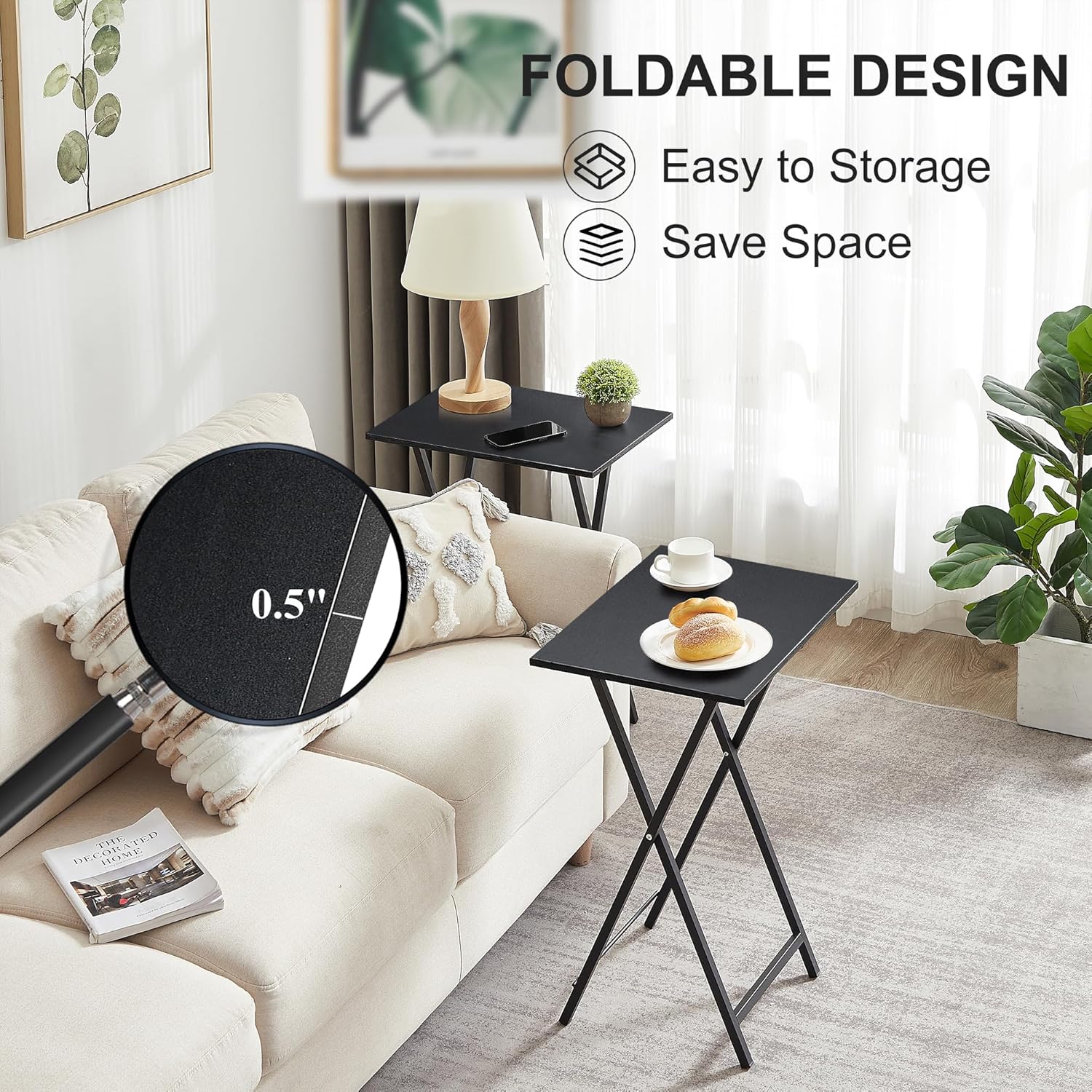 VECELO Folding TV Tray for Eating Set of 4, Portable Dinner/Snack Table with Cup Holder for Couch, Living Room and Small Space,Black
