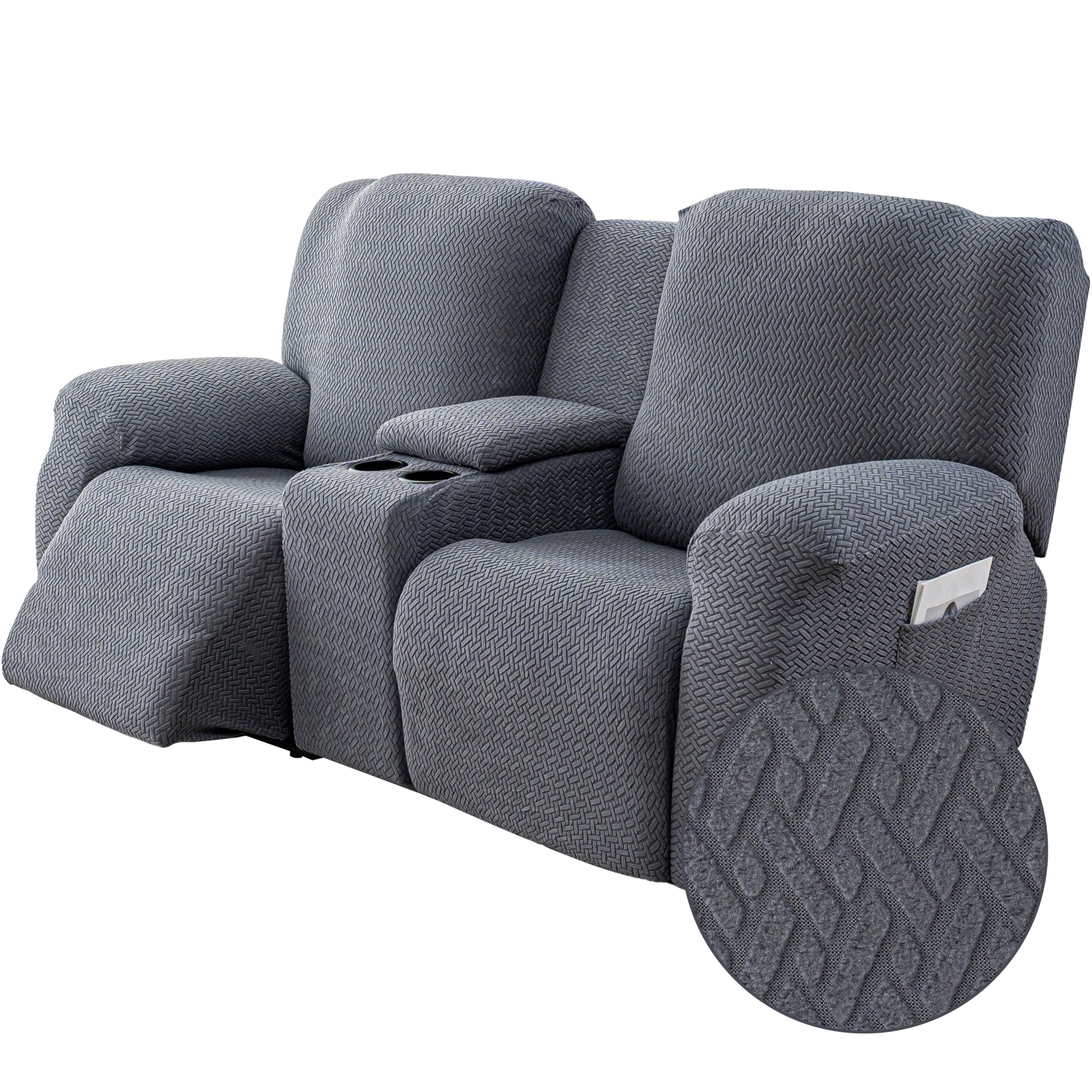 Genina Recliner Loveseat Covers with Console, Stretch Reclining Sofa Covers, 2 Seater Couch Cushion Stripe Jacquard Recliner Slipcovers - Furniture Protector Covers for Pet Kid (Dark Gray)