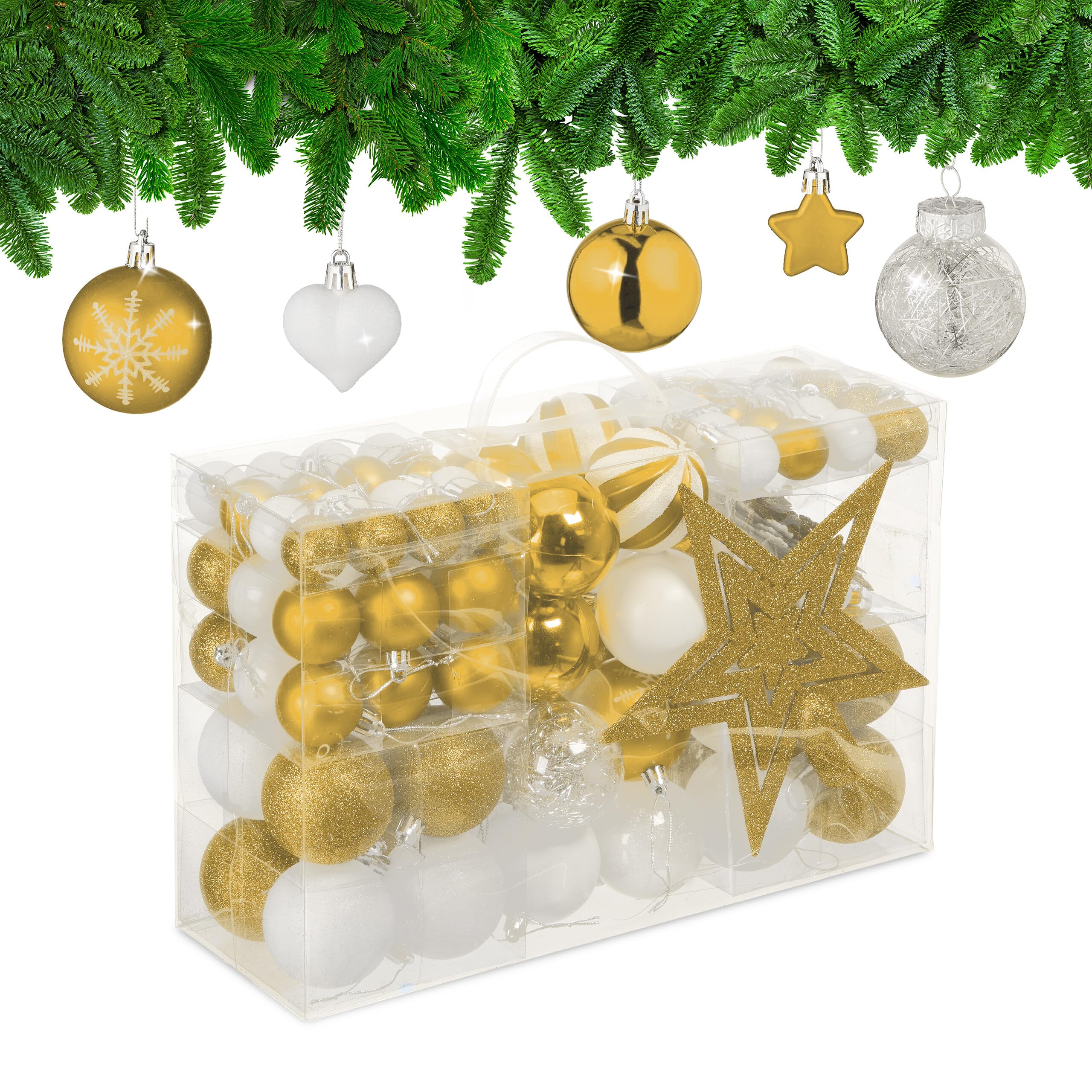 Relaxdays Set 101 Bolas Árbol Navidad, Plástico, Adornos Navideños con Bolitas y Estrella, Decoración, Dorado/Blanco, Varios tamaños