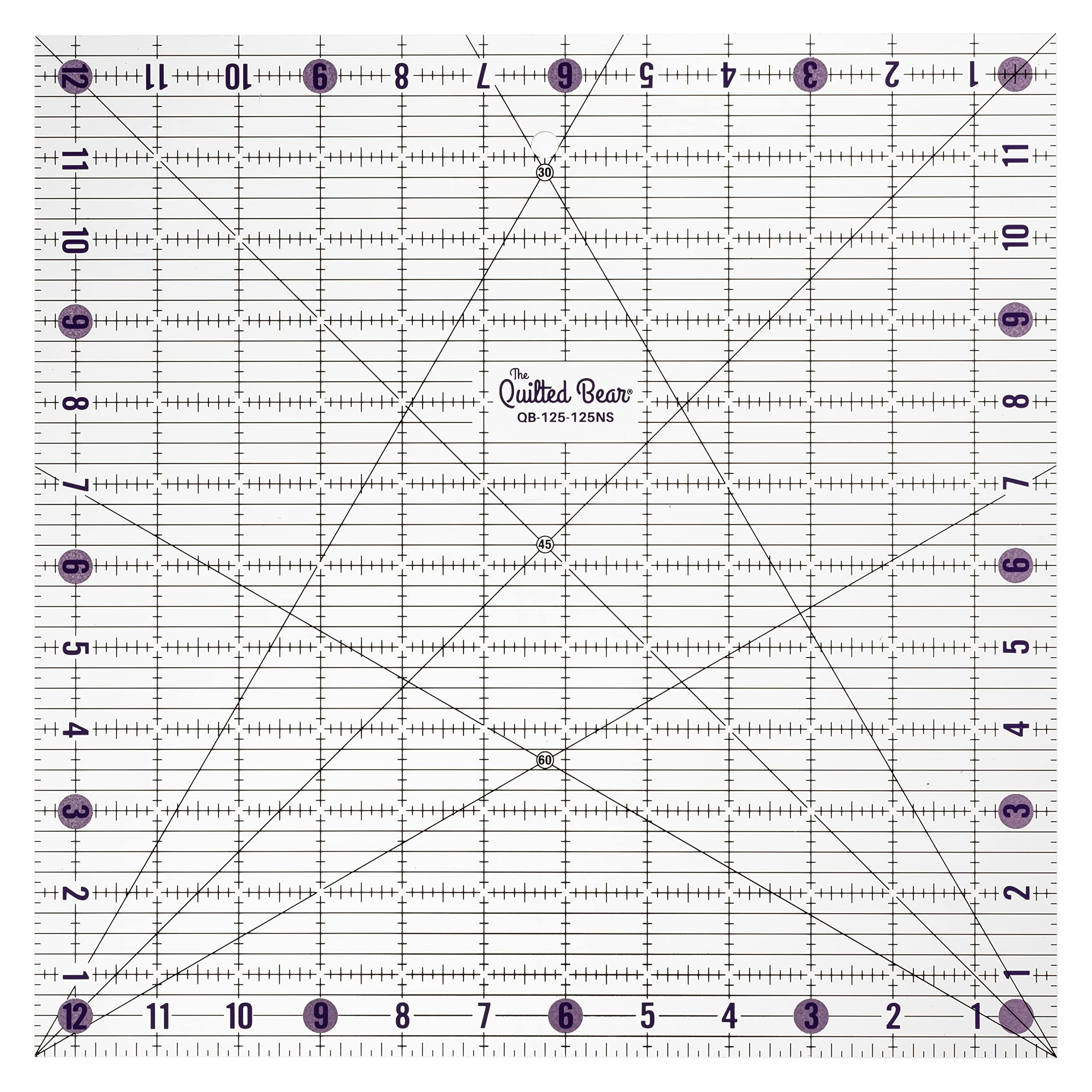The Quilted Bear Transparent Quilting Rulers - Acrylic Non-Slip Quilting & Sewing Ruler With Precise Black Lines & 30, 45 & 60 Degree Angles - Essential Tool For Perfect Sewing Results (12.5" X 12.5")