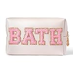 Y1tvei Preppy Patch BATH Letter Cosmetic Toiletry Bag PU Leather Portable Makeup Bag Sewn with Felt Varsity Letter Patches Waterproof Zipper Pouch Travel Organizer for Women Girls Teen(Shell Gold)
