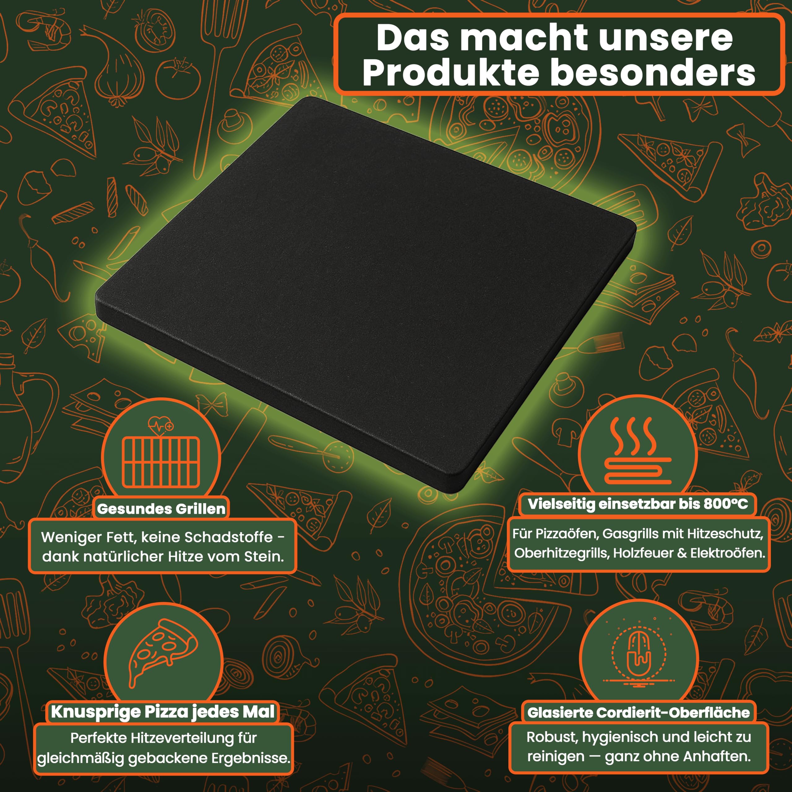 Pizzastein für Backofen & Grill – 375x297x20mm Glasierter Cordierit-Backstein, Rissbeständig für Brot & Heißer Stein-Grillen – Din En1388-1 zertifiziert – Made in Germany | Rechteckige Form, für Elektrogrill & Pizzaöfen geeignet, hitzebeständig bis 900°C,