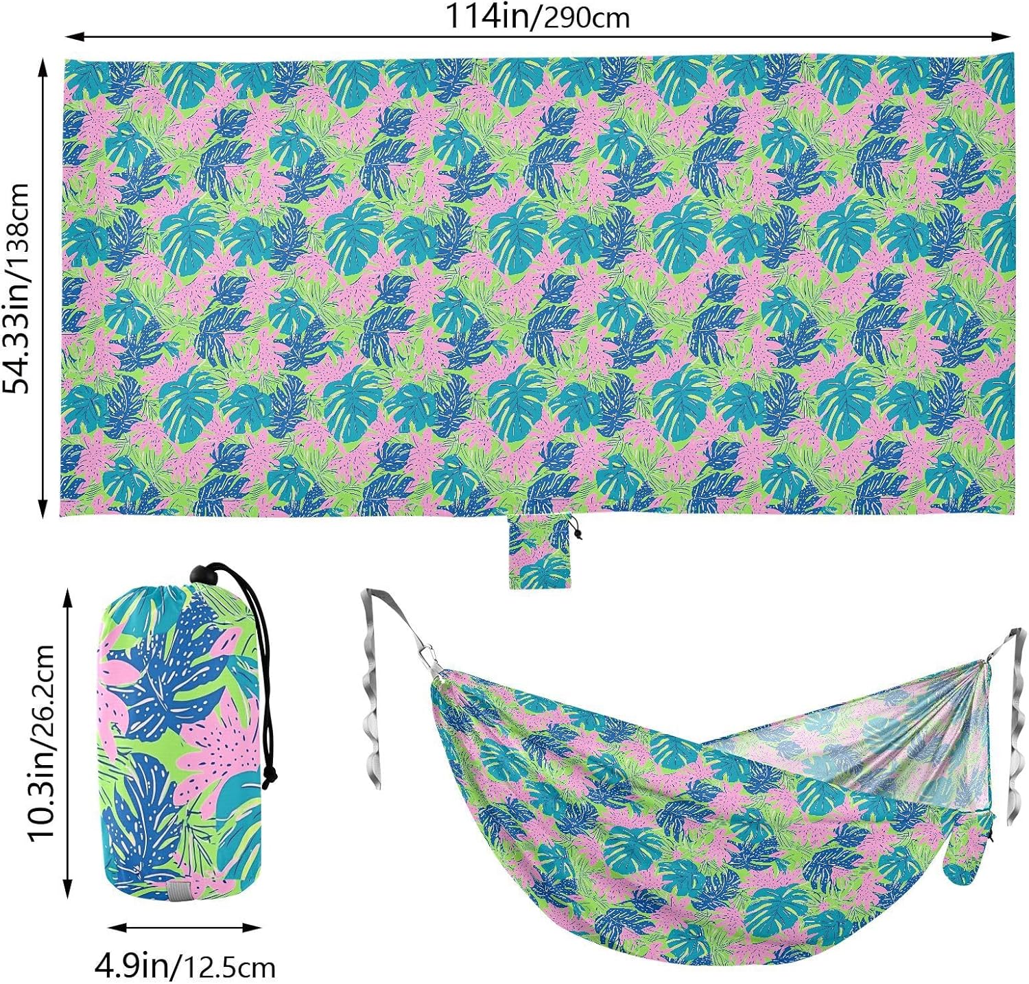 Tropical Colorful Leaves Hammocks with Portabl Carry Bag Rope Hammock for Outside Camping Essentials