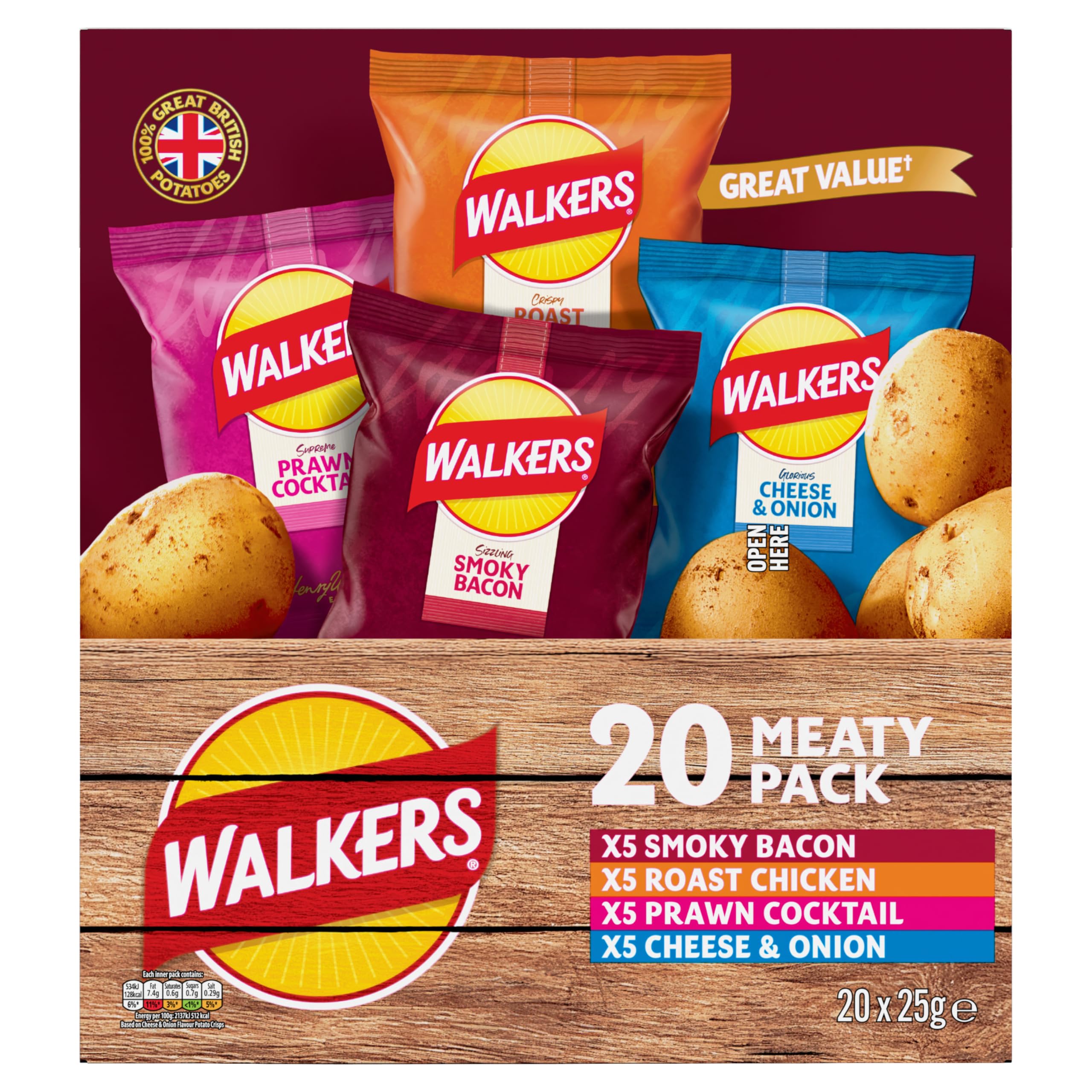 Walkers Meaty Variety Multipack Crisps Box 20x25g, Red - 3
