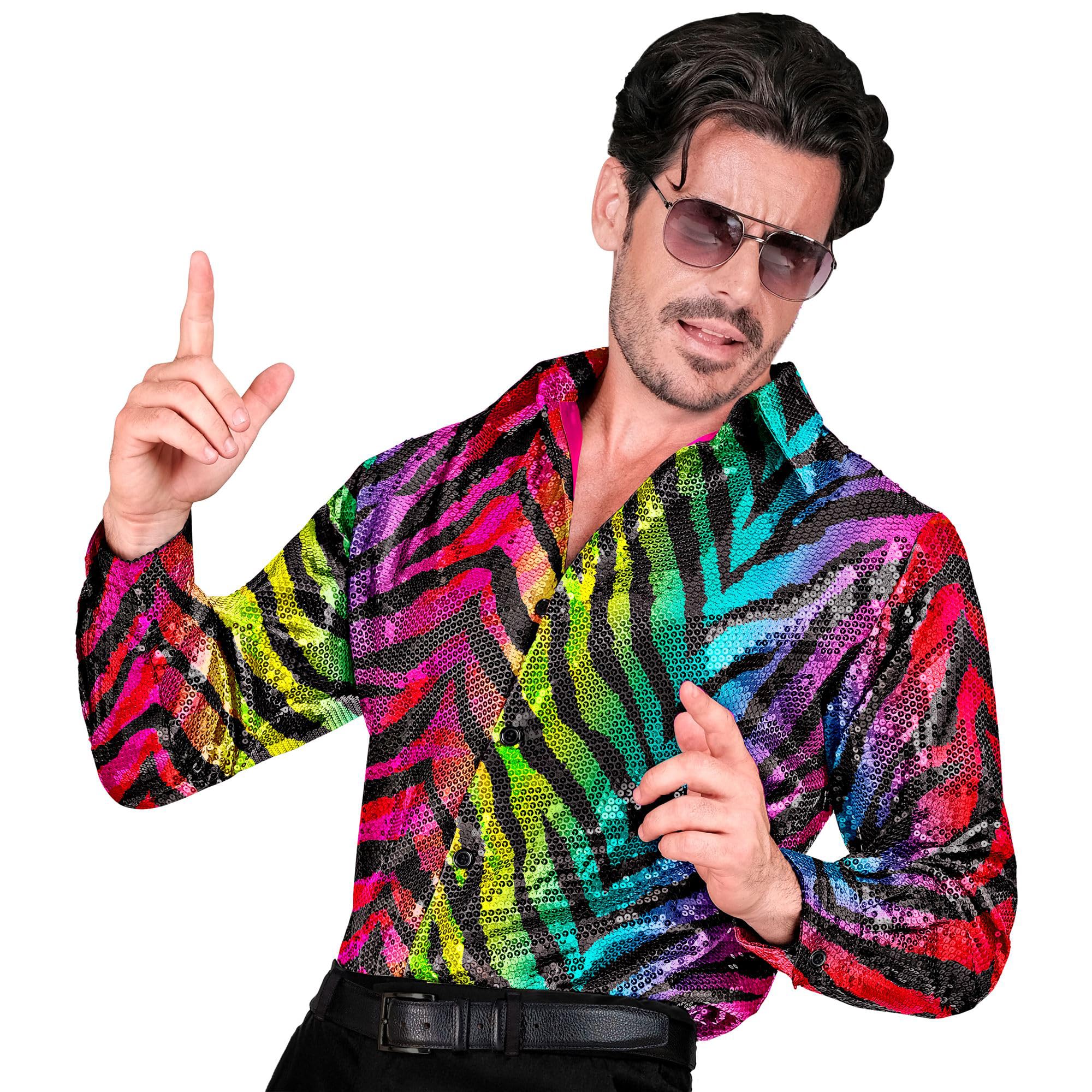 Widmann 12487 Party Fashion Pailletten Hemd für Herren Disco Sequin Shirt, Tiger Rainbow Colours, S-M