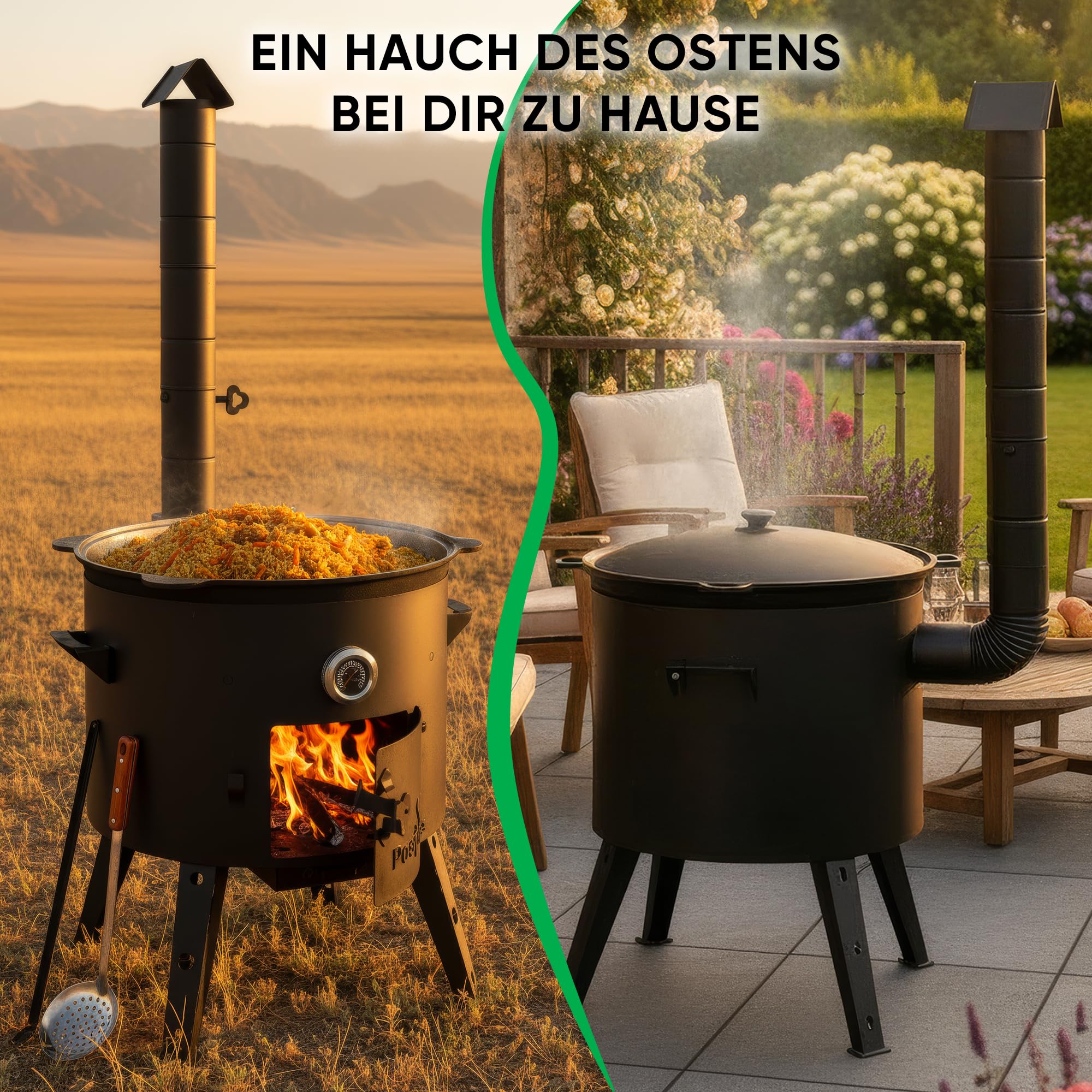 Utschak Feuerofen Ø 49 cm & Gusseisen-Kasan 22 L | Kazan-Set mit Deckel | Usbekischer Kochtopf für Grill & Plov | Flacher oder Runder Boden Wählbar