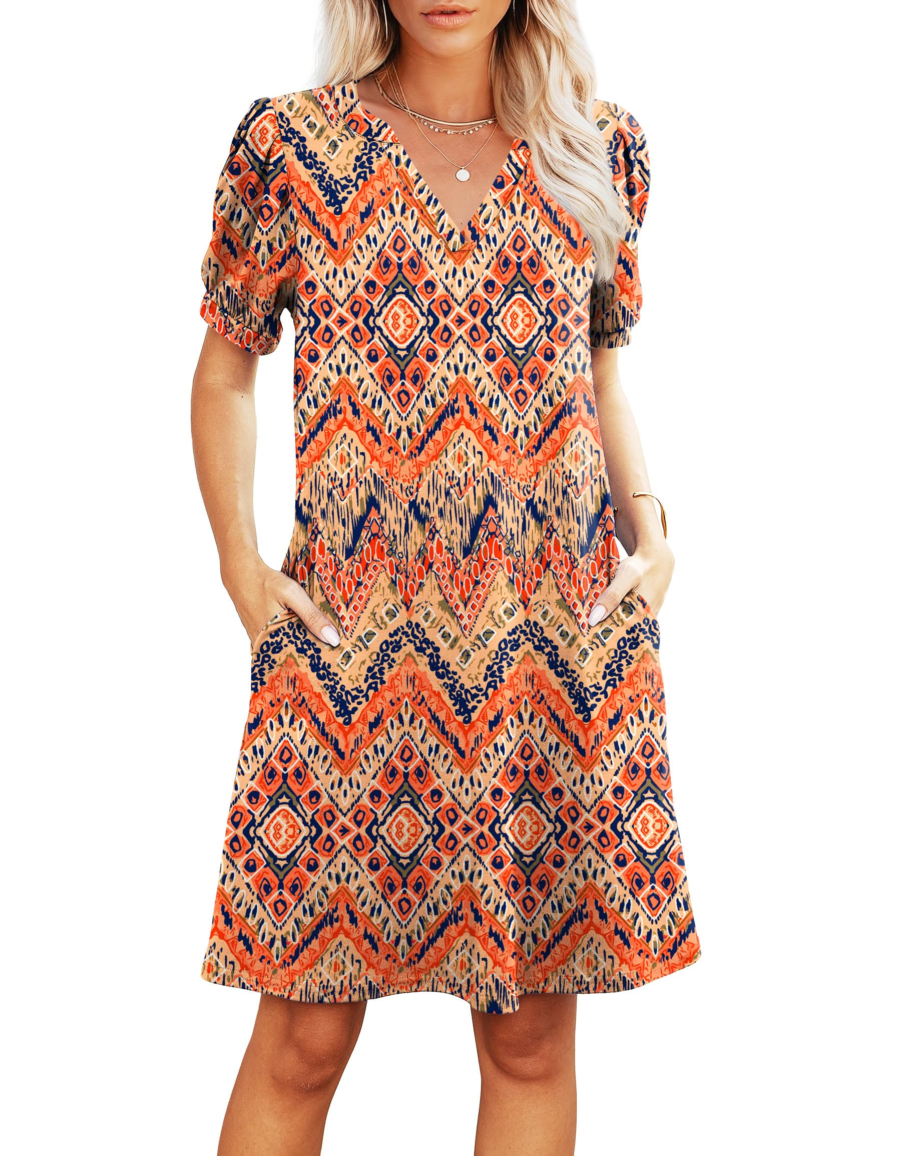 RUMIA V-Neck Summer Casual Sundress for Women- Short Sleeve Swing Beach Dress with Pockets (S-3XL)