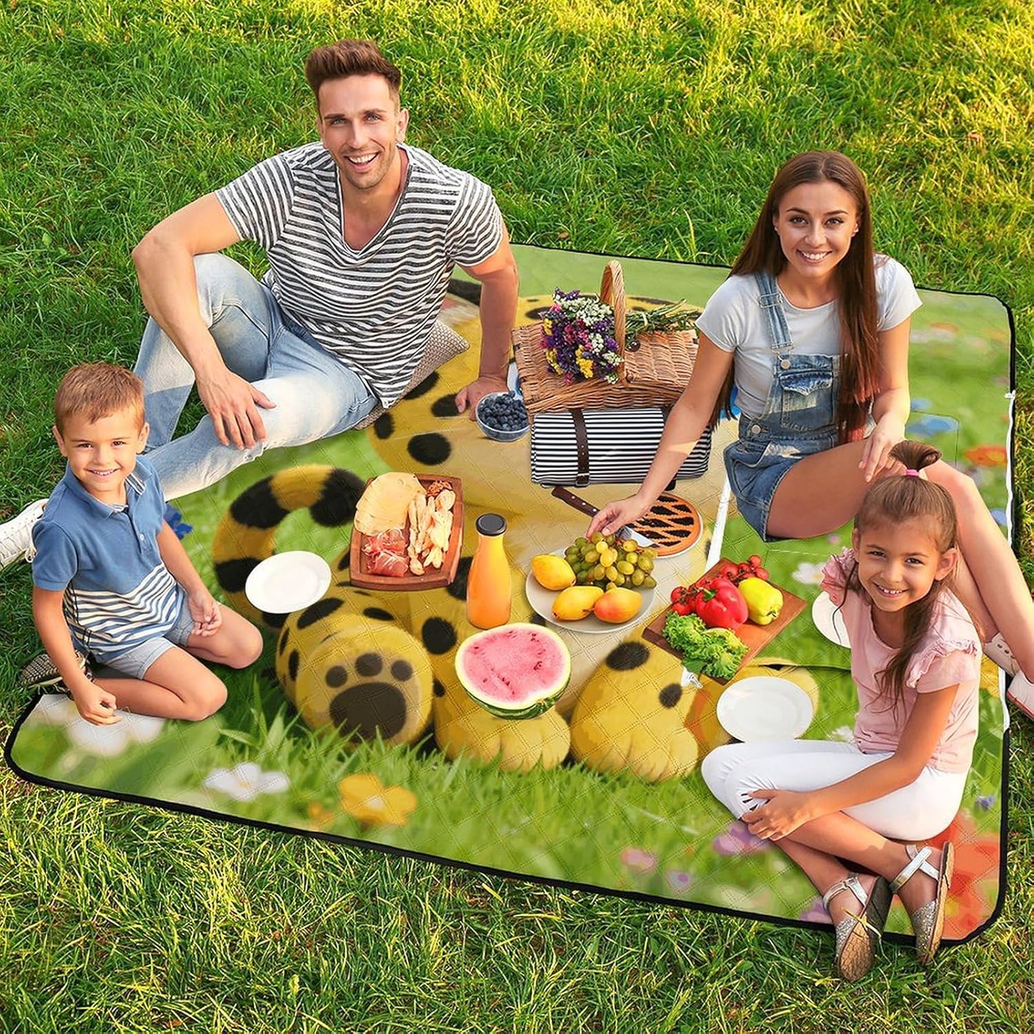 Flower Field Leopard Picnic Blanket with Zipper Water Resistant Sand Free Picnic Mat Washable Foldable Easy Carry Beach Blanket for Lawn Beach Hiking Camping
