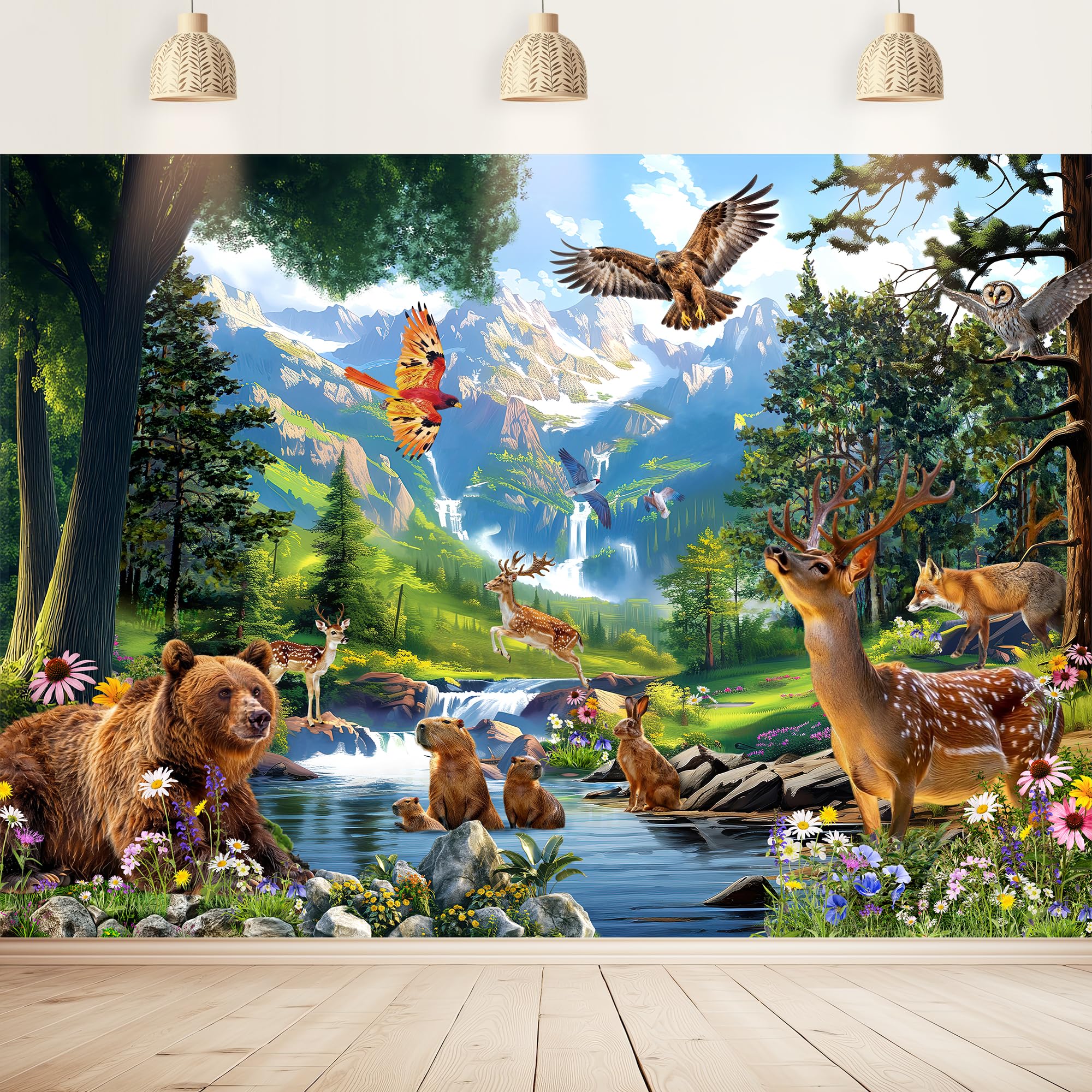 Imirell Wild Animal Backdrop 7Wx5H Feet Rainforest Mountain Safari Jungle Tropical Tree Woodland Polyester Fabric Kids Baby Shower Birthday