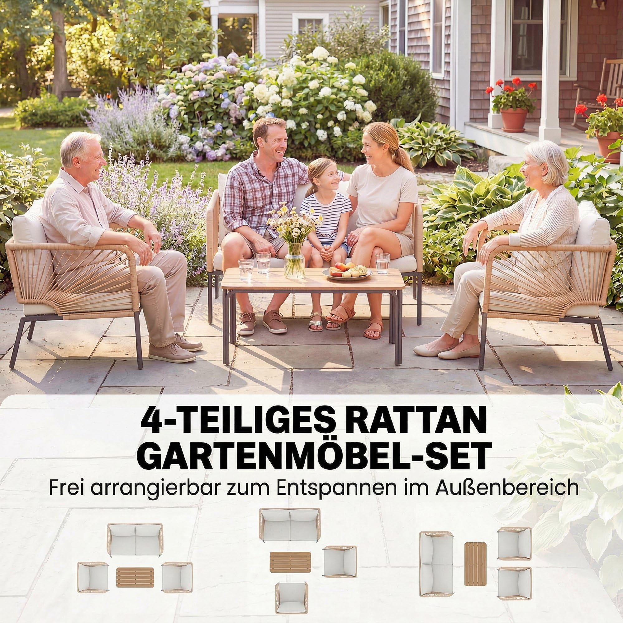 Outsunny Gartenmöbel Set Rattan Sitzgruppe für 4 Personen 2er Sofa Weiß | Gartenlounge, 2 Sessel, Lamell-Tisch, Seilflecht, Waschbar Sitzkissen, Holzoptik, Outdoor Balkonmöbel
