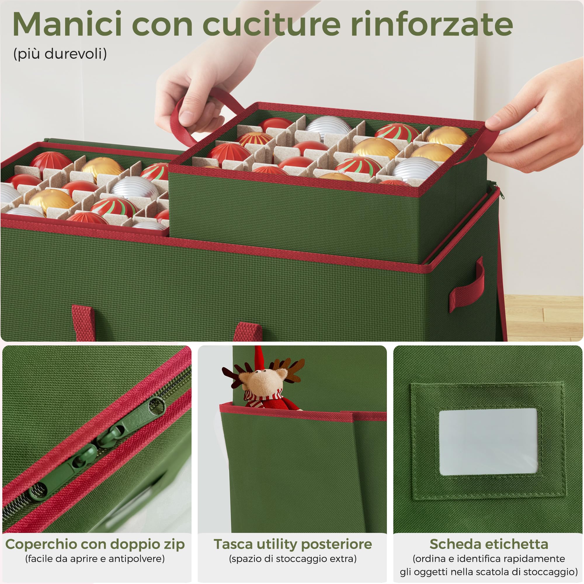 Contenitore per Palline di Natale, 160 Scomparti da 7,6cm, Scatola Impilabile Decorazioni Natalizie con Coperchio, 600D Oxford, 64 x 32 x 43,5 cm，Verde