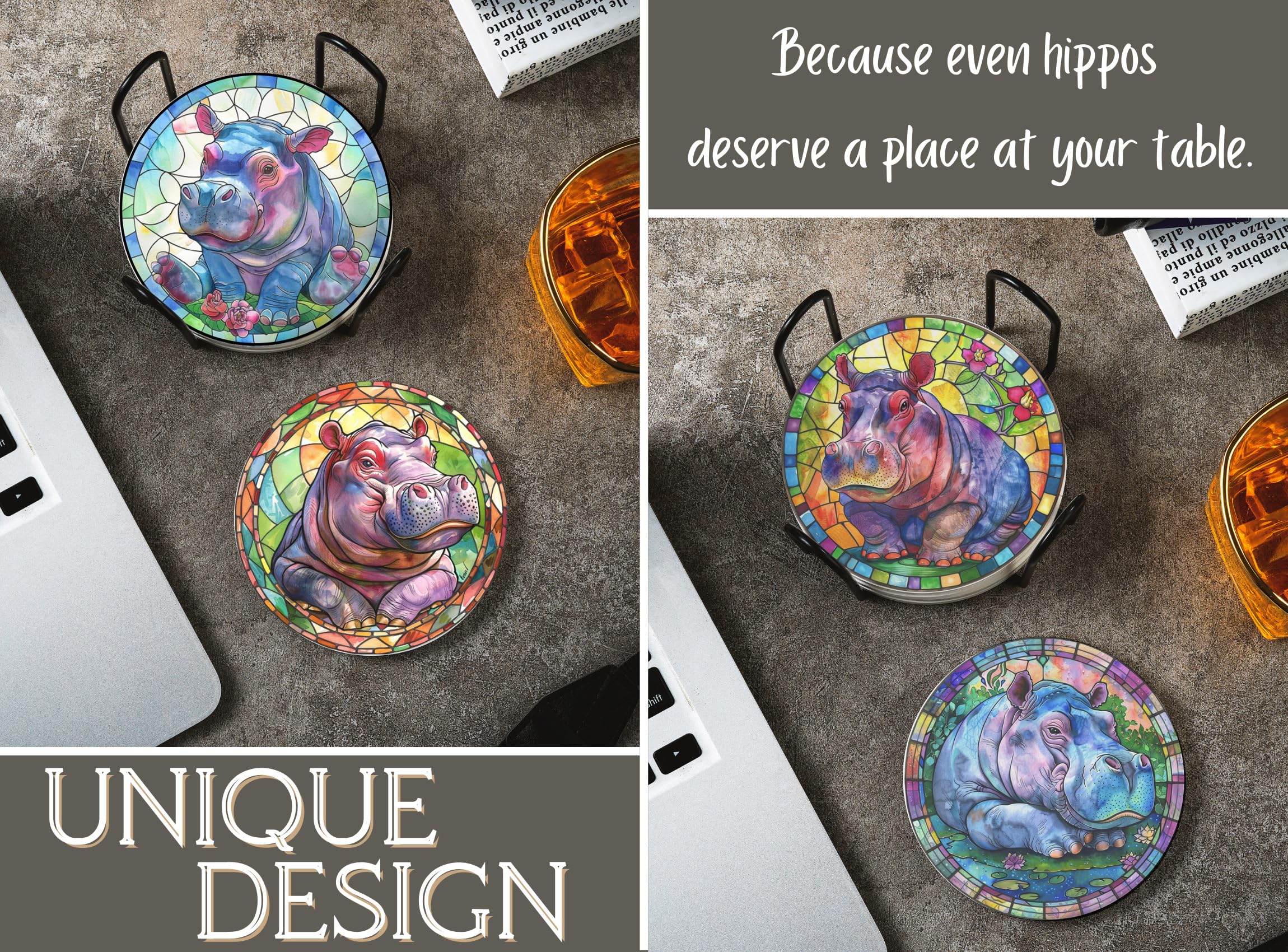 Regalos de hipopótamo para mujeres, niñas y adultos, posavasos de hipopótamo para decoración del hogar para cumpleaños, Navidad, Acción de Gracias, juego de 6, cerámica, absorbente con base de corcho