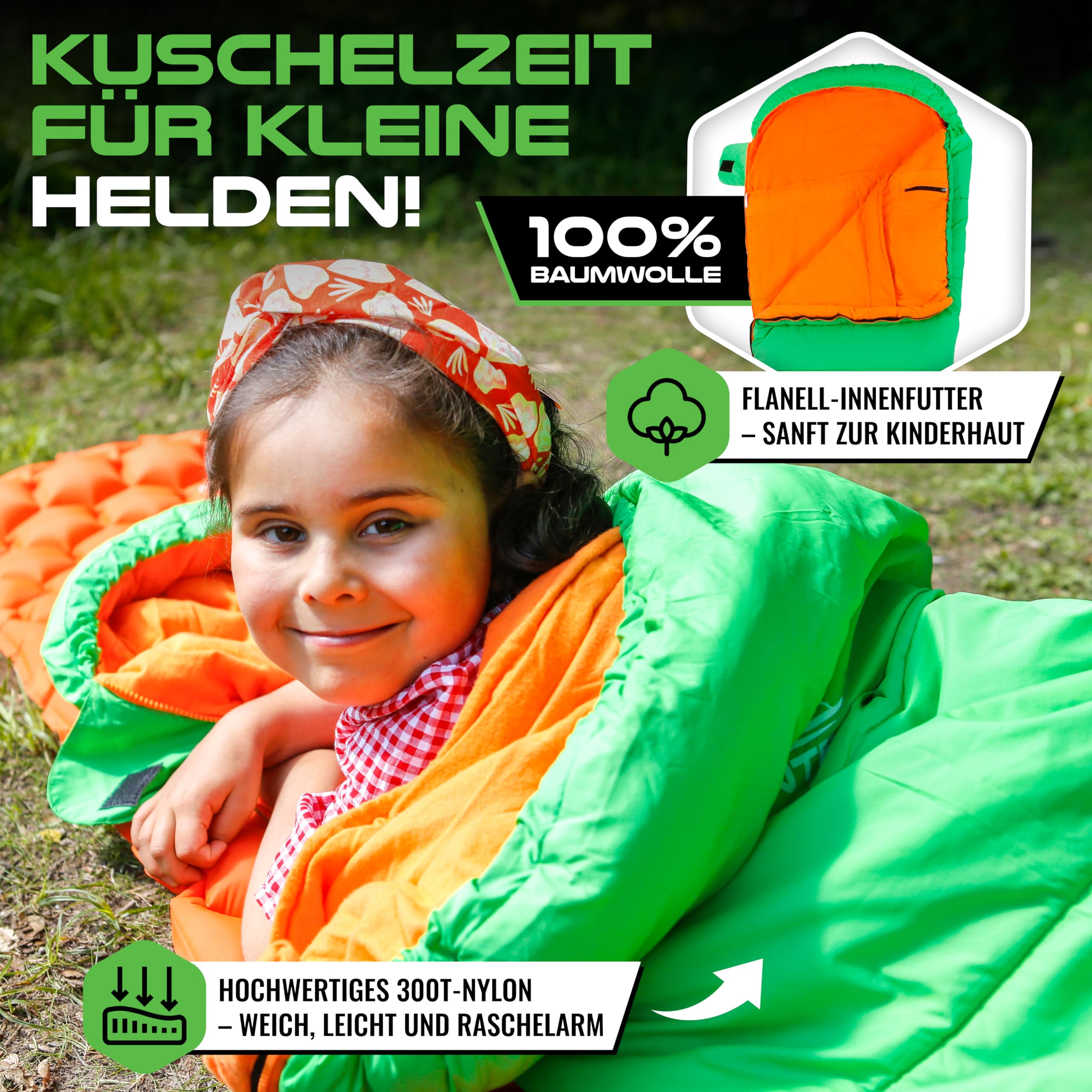 MOUNTREX Śpiwór dziecięcy – śpiwór dla dzieci, 100% bawełniana wyściółka wewnętrzna | Śpiwór typu mumia (175 × 70 cm), 5 do 15°C – lekki, mały rozmiar po spakowaniu i przenośny jak plecak