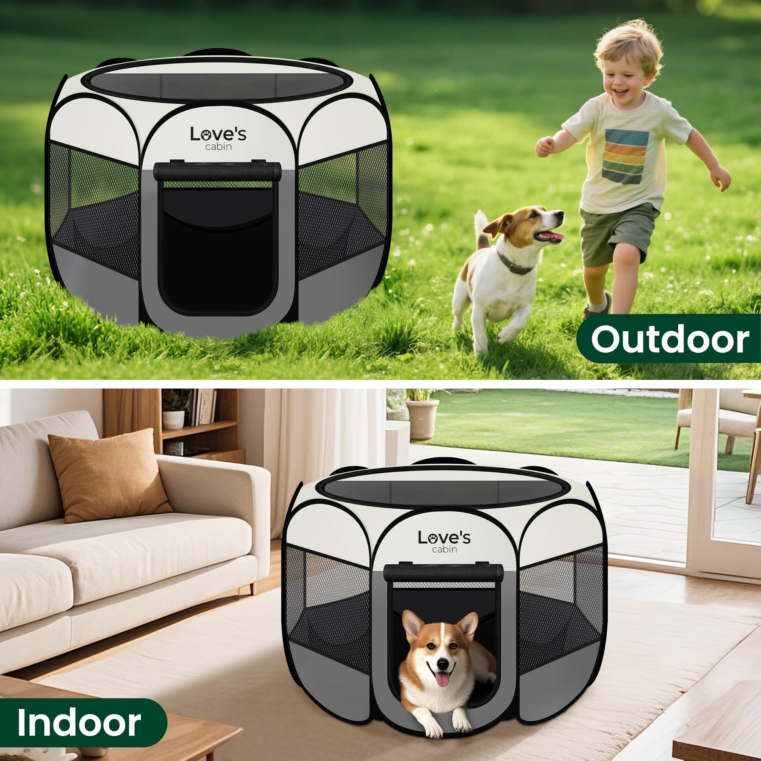 Love's cabin Parc de jeu pour chien et chat - Grande tente pour intérieur et extérieur - Parc portable pour chien et chat - Niche pliable avec étui de transport, fermeture éclair amovible sur le