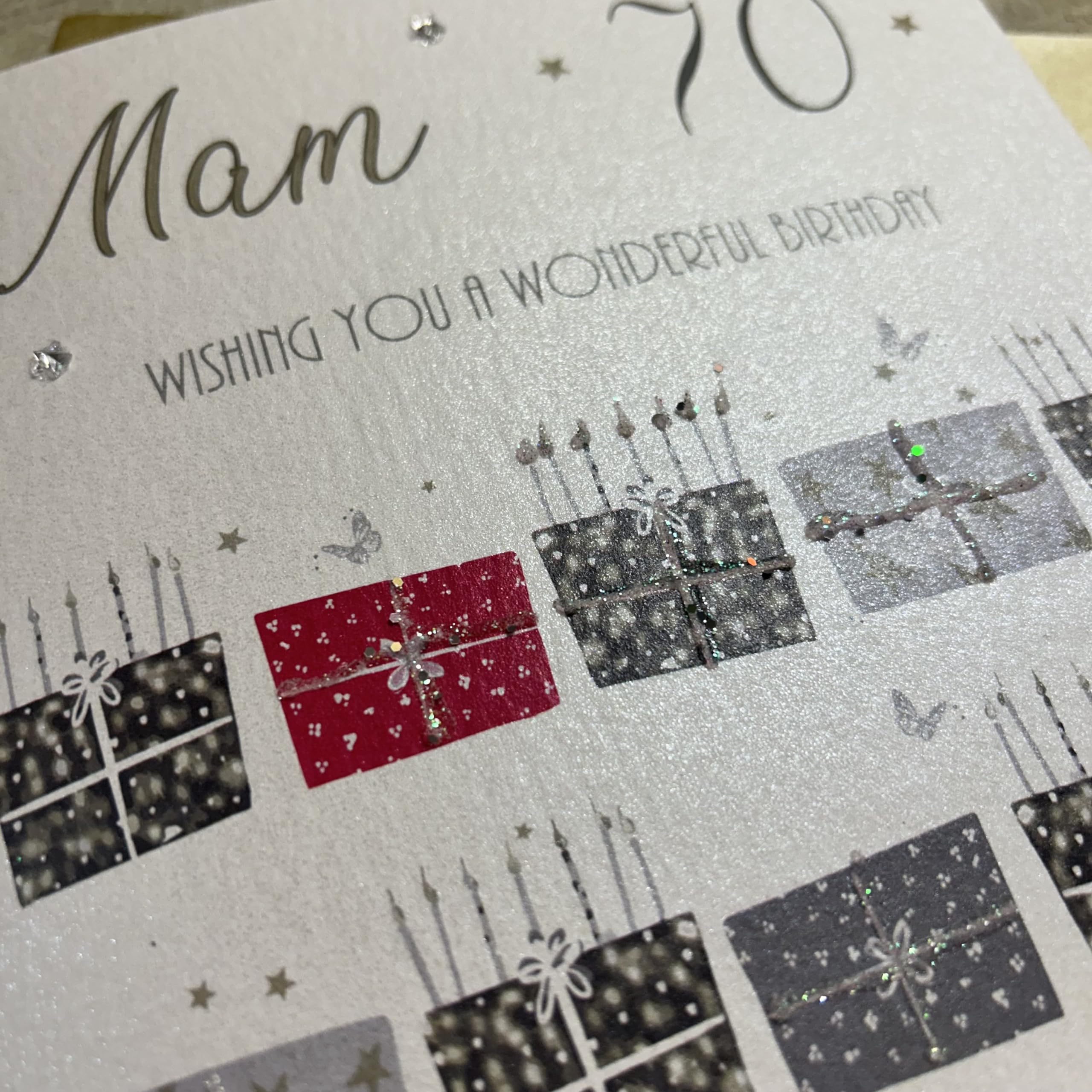 White Cotton Cards 70 Wishing You A Wonderful Mam,Handmade 70th Birthday Card (Red Pressie