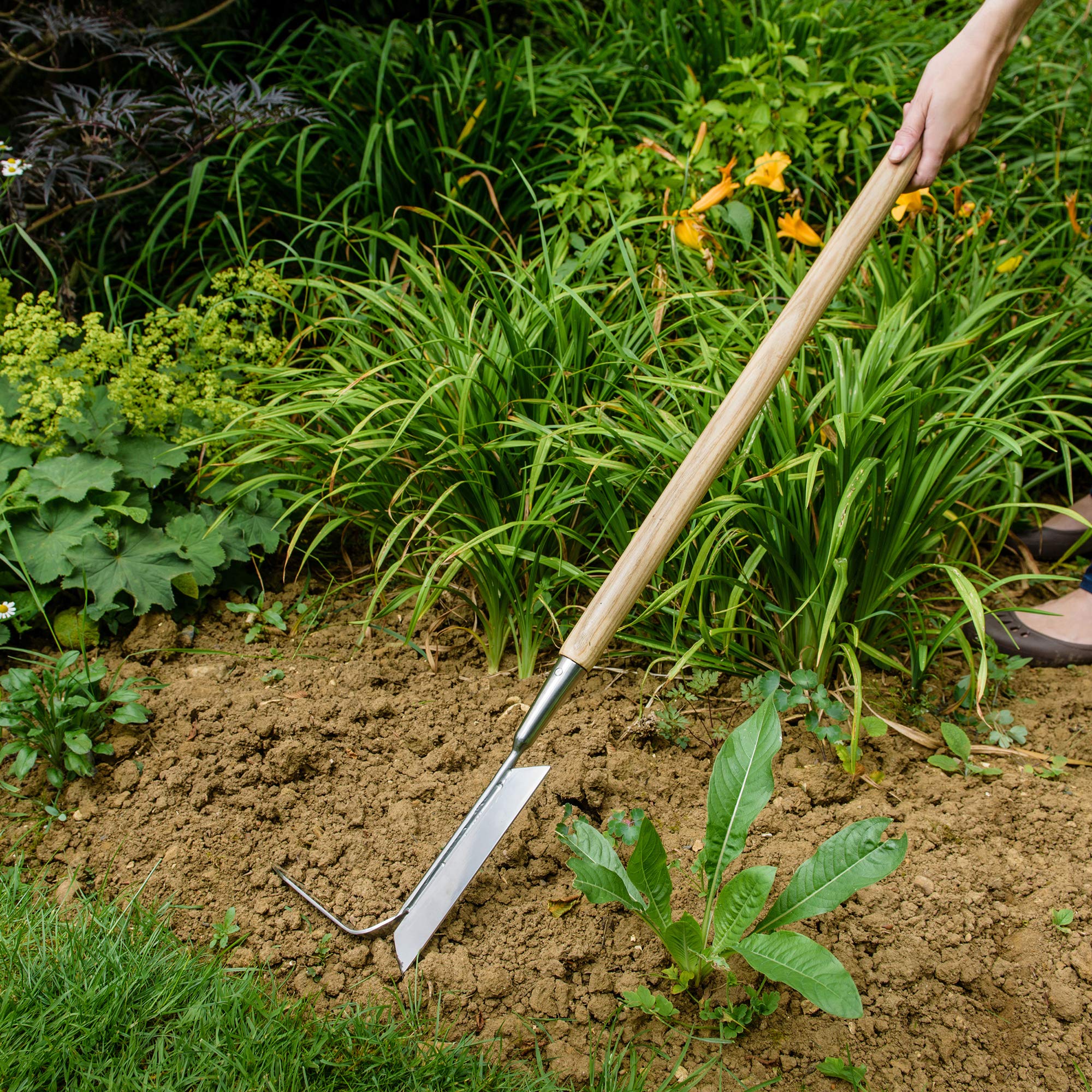 Kent & Stowe Langstiel 2in1 Unkrautentferner – Unkrautjäter mit Kratzzinke & Schneidklinge aus Edelstahl, Mooskratzer mit Holzstiel, Länge: 157 cm